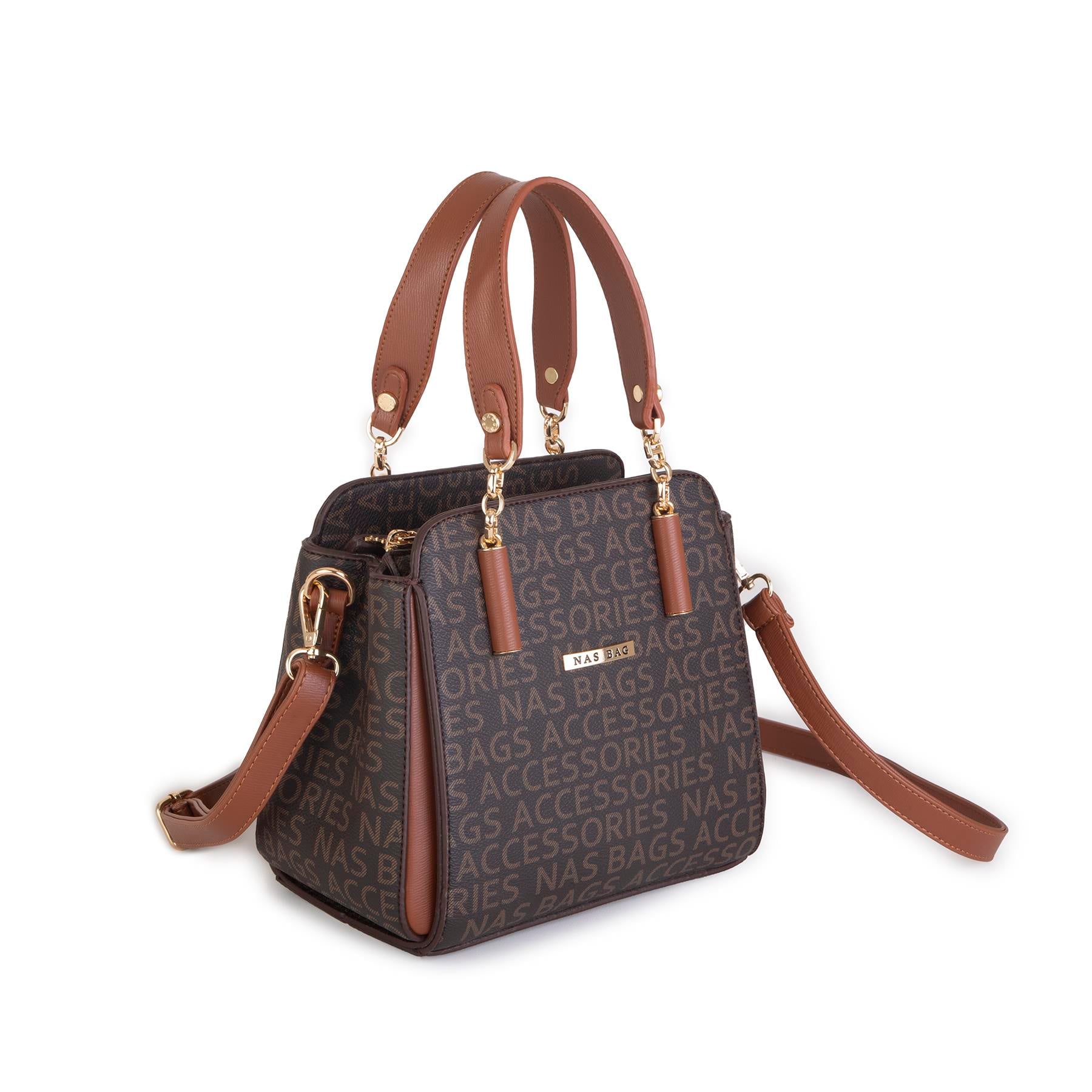 Nas Bag Kadın Sade ve Şık El ve Omuz Çantası Kahve Taba  Yazılı  (Ölçüsü:24x21x16)