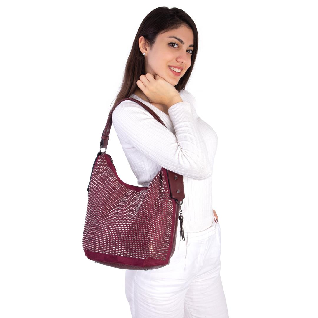 Nas Bag Kadın Şık Taşlı Omuz Çantası Bordo  Taşlı