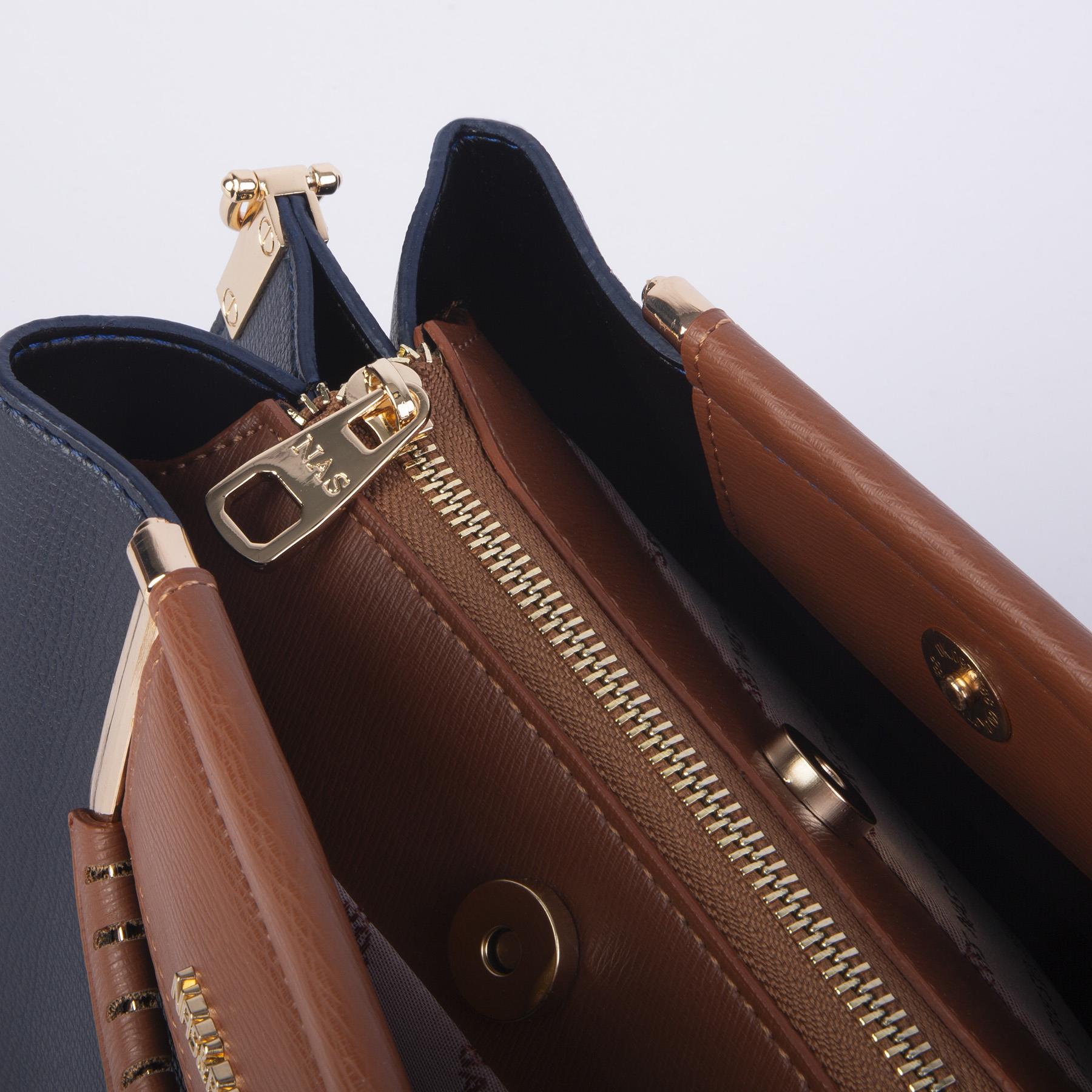Nas Bag Kadın Şık Zincirli El ve Omuz Çantası Midiboy Lacivert Taba Liza  27x 19 cm 