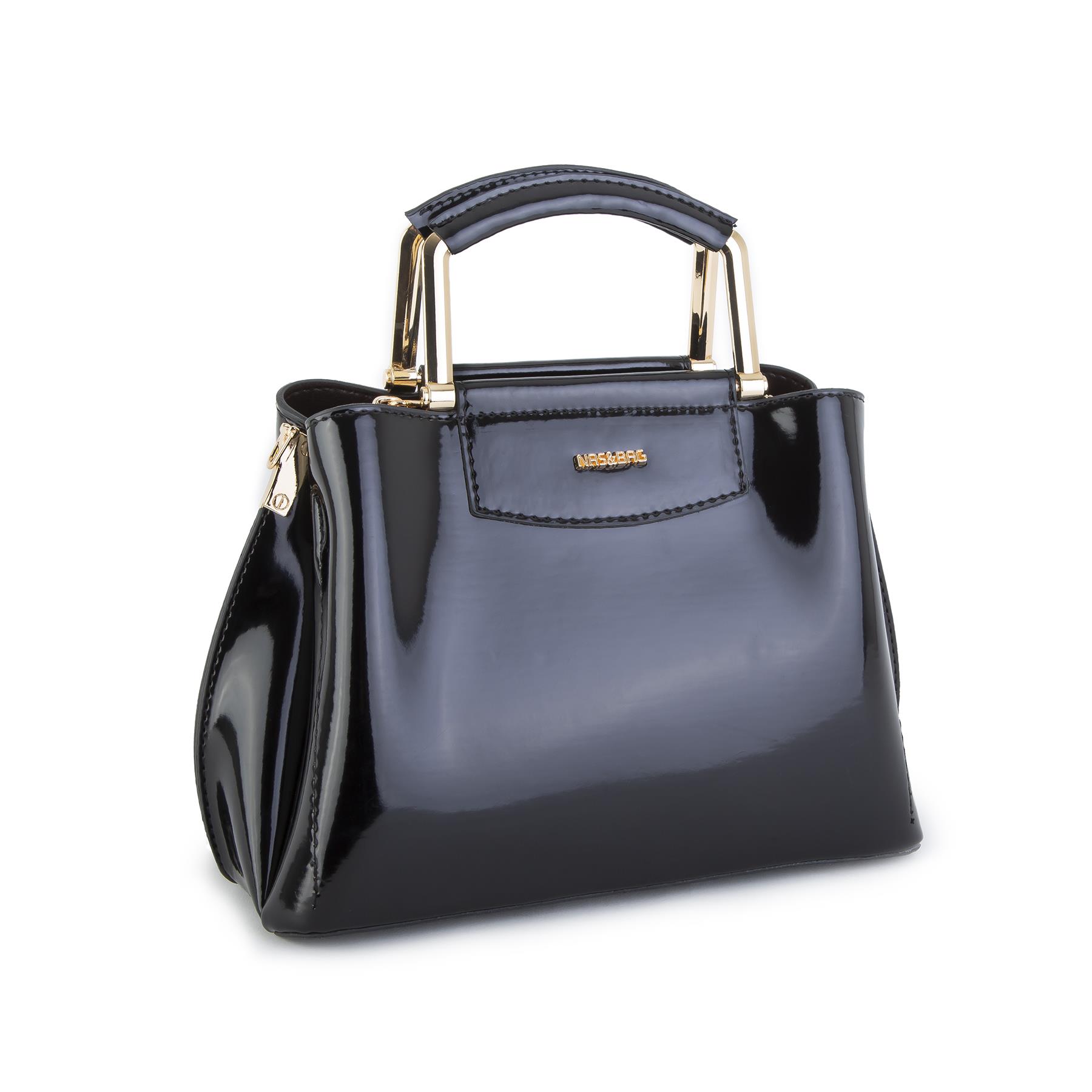 Nas Bag Kadın Şık Zincirli El ve Omuz Çantası Midiboy Siyah Rugan  27x 19 cm 