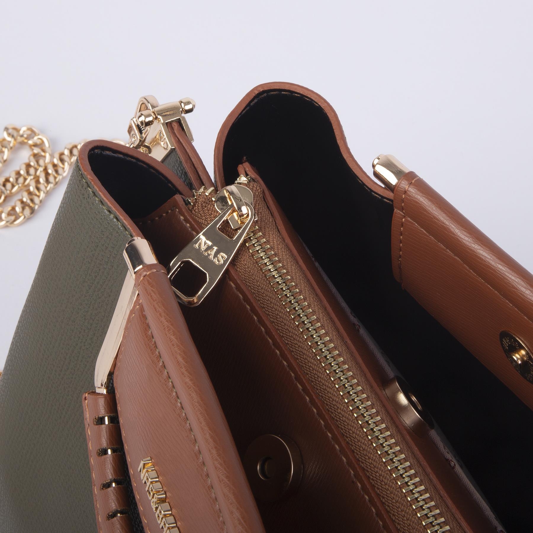 Nas Bag Kadın Şık Zincirli El ve Omuz Çantası Midiboy Yeşil Taba Liza   27x 19 cm 