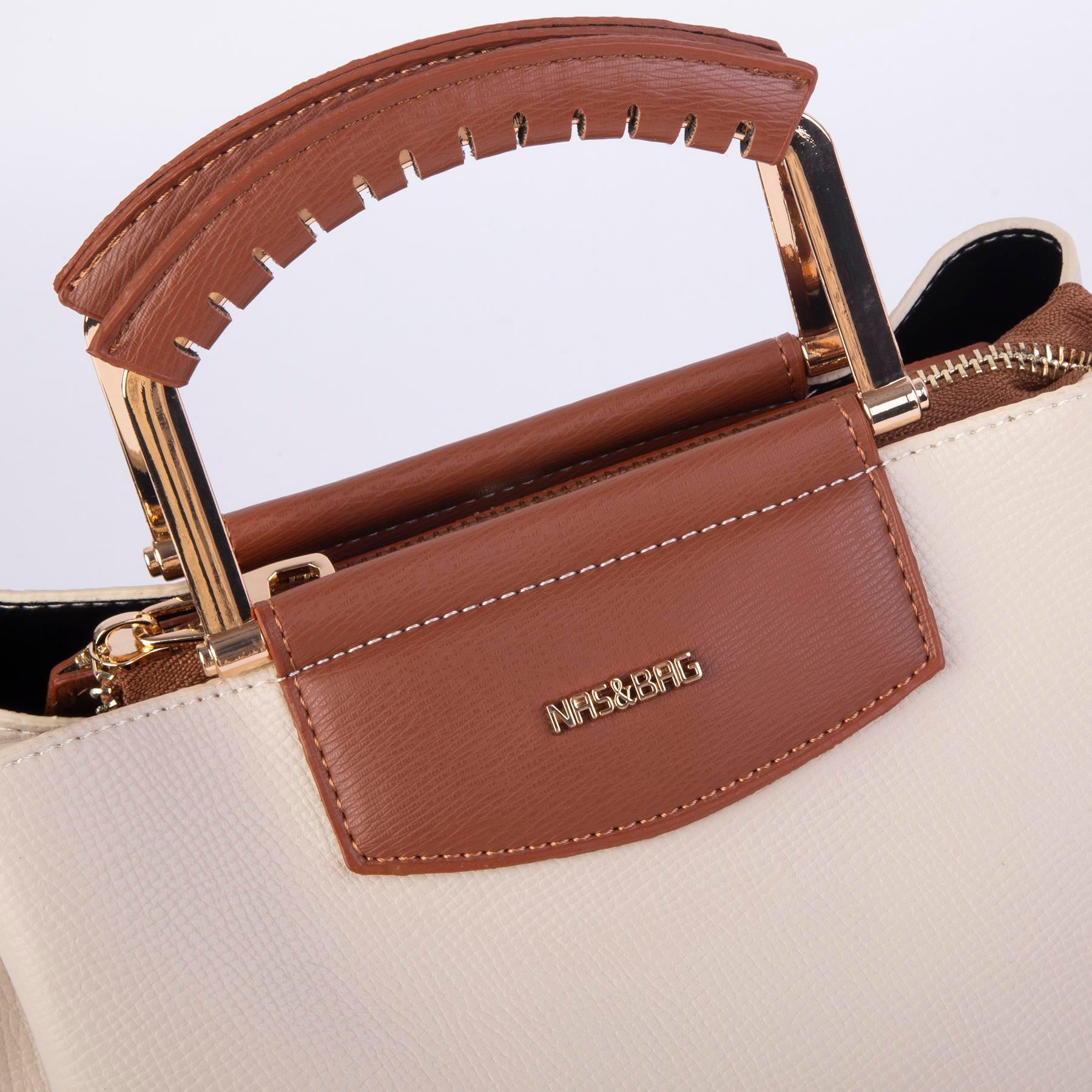 Nas Bag Kadın Şık Zincirli El ve Omuz Çantası Midiboy Krem Taba Long   27x 19 cm 