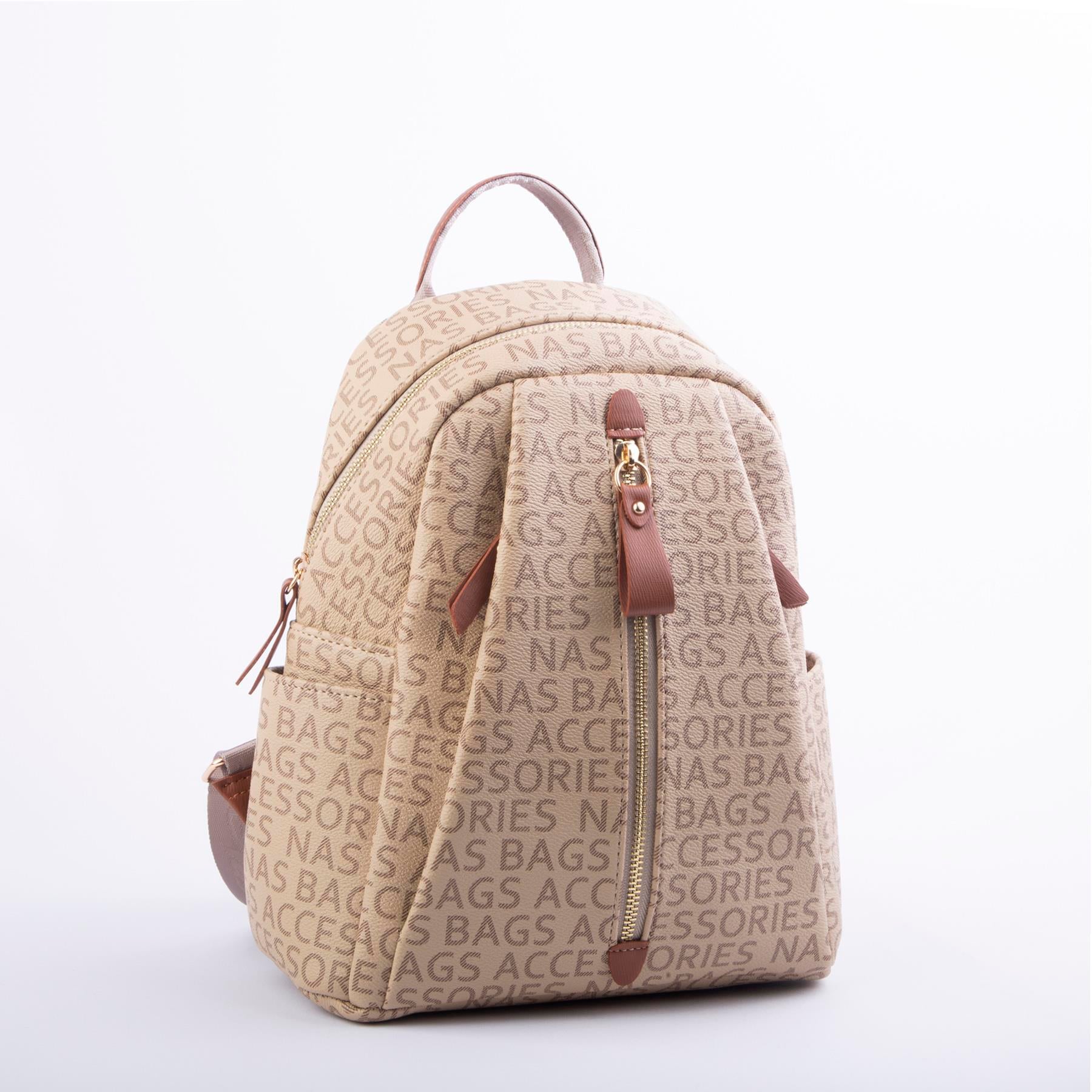 Nas Bag Kadın Sırt Çantası Vizon Taba Yazılı  (en:28 ; boy:30cm)