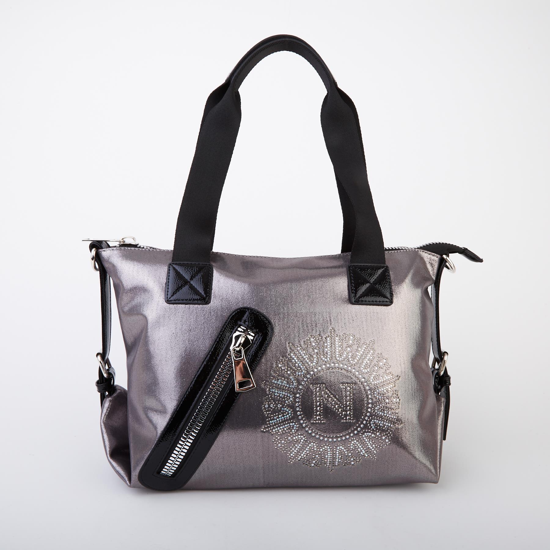 Nas Bag Kadın Taşlı Fermuarlı Şık Omuz Çantası ve Ayarlanabilir Askılı Gri Simli(33x30x12 cm)