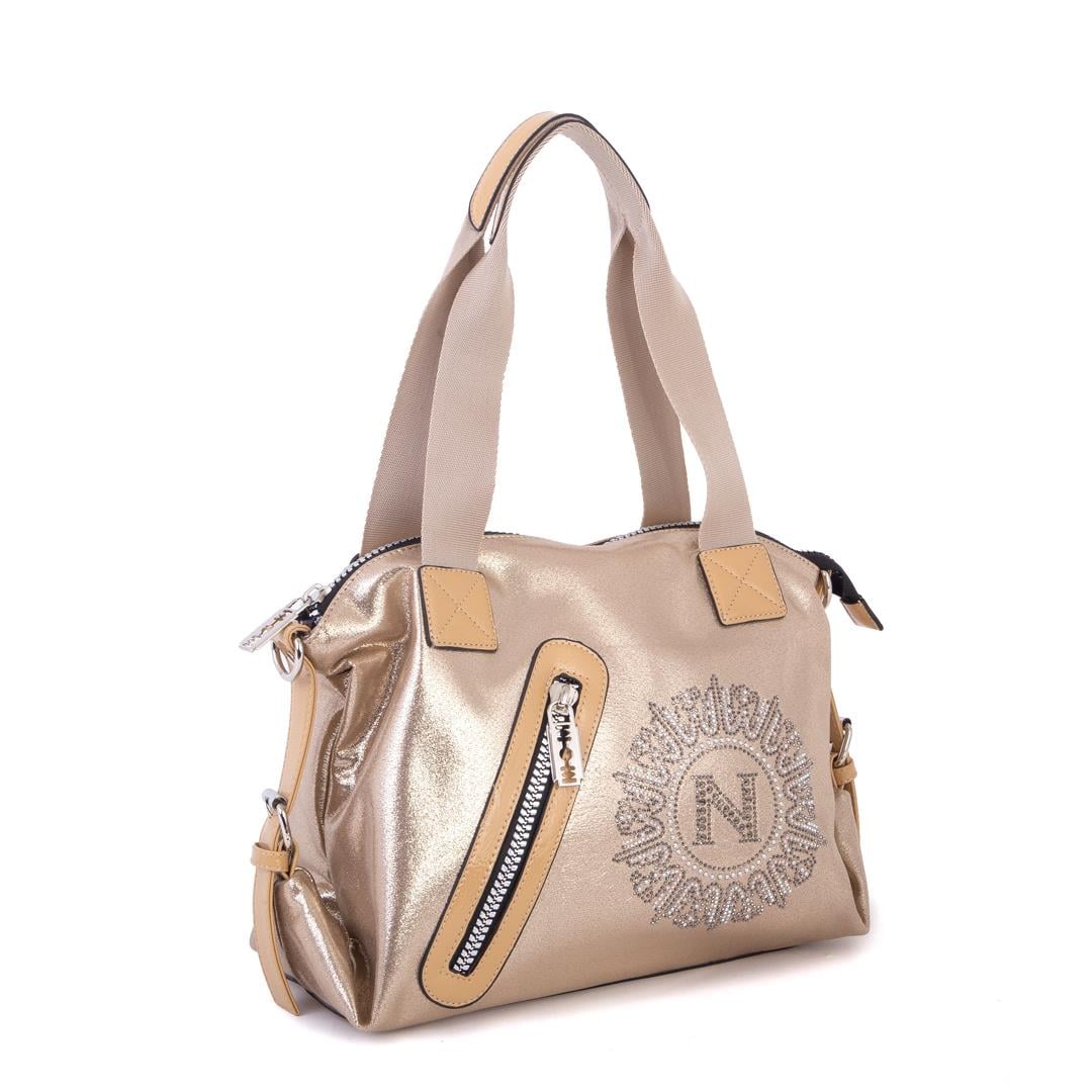 Nas Bag Kadın Taşlı Fermuarlı Şık Omuz Çantası ve Ayarlanabilir Askılı Altın Simli(33x30x12 cm)