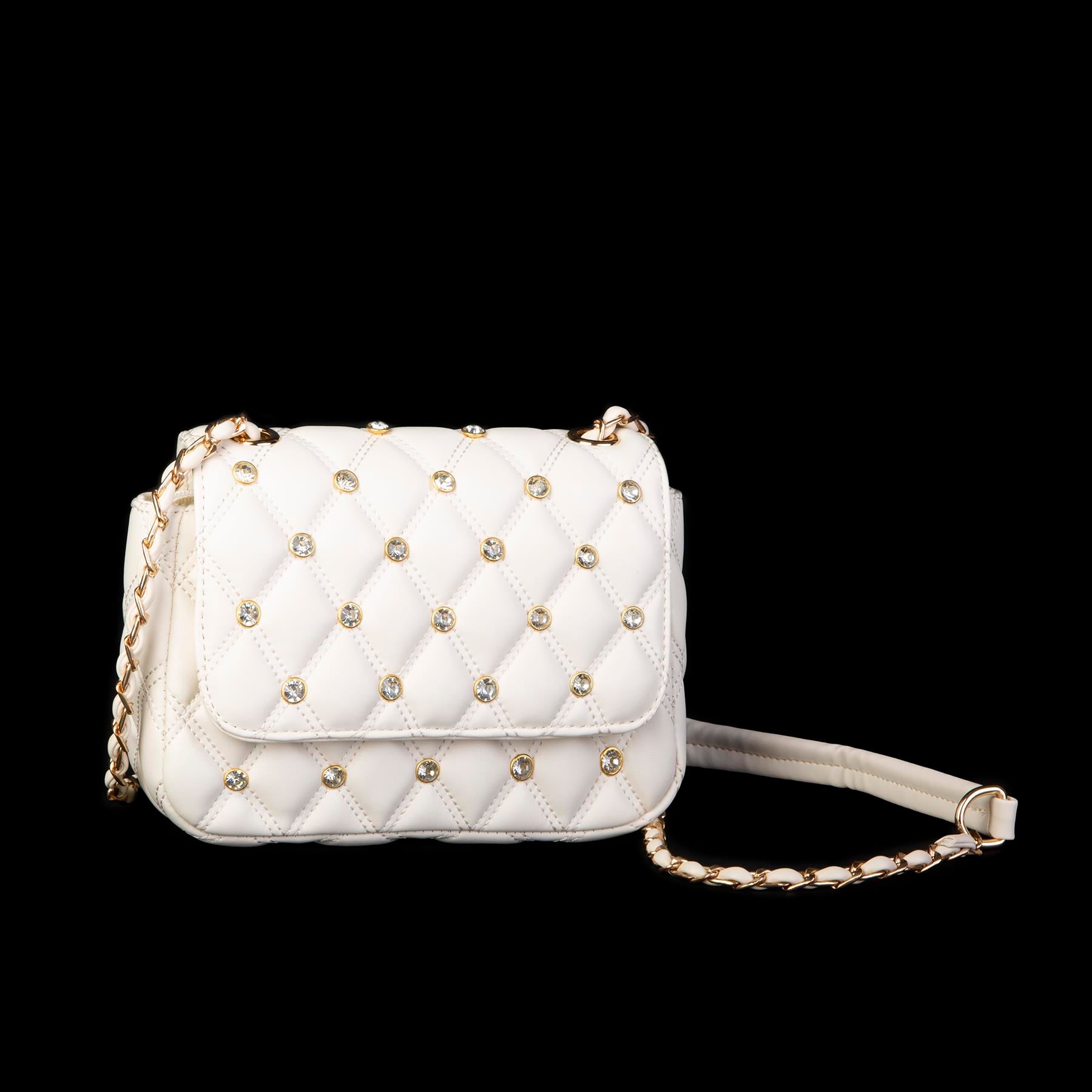 Nas Bag Kadın Taşlı Zincirli Şık Kapitone Çapraz Çanta Krem ( 21x12 cm )