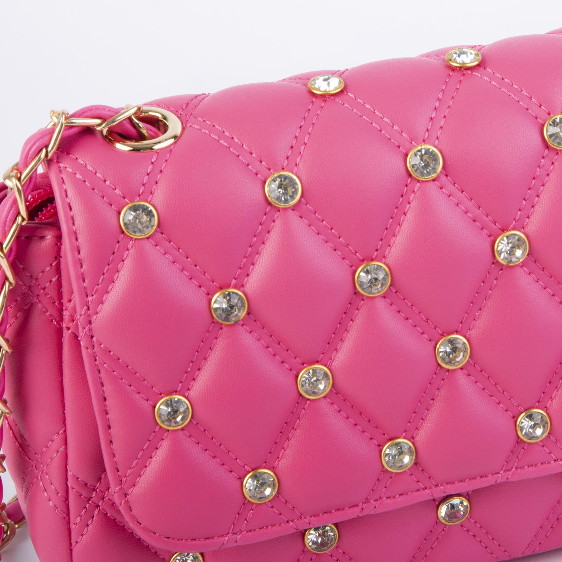 Nas Bag Kadın Taşlı Zincirli Şık Kapitone Çapraz Çanta Fuşya ( 21x12 cm )