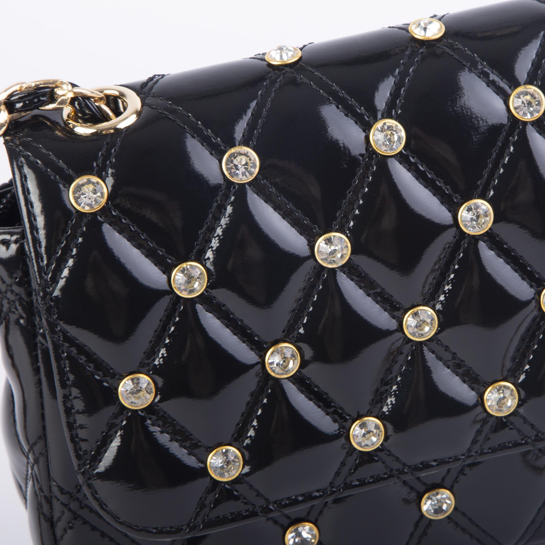 Nas Bag Kadın Taşlı Zincirli Şık Kapitone Çapraz Çanta Siyah Rugan  ( 21x12 cm )