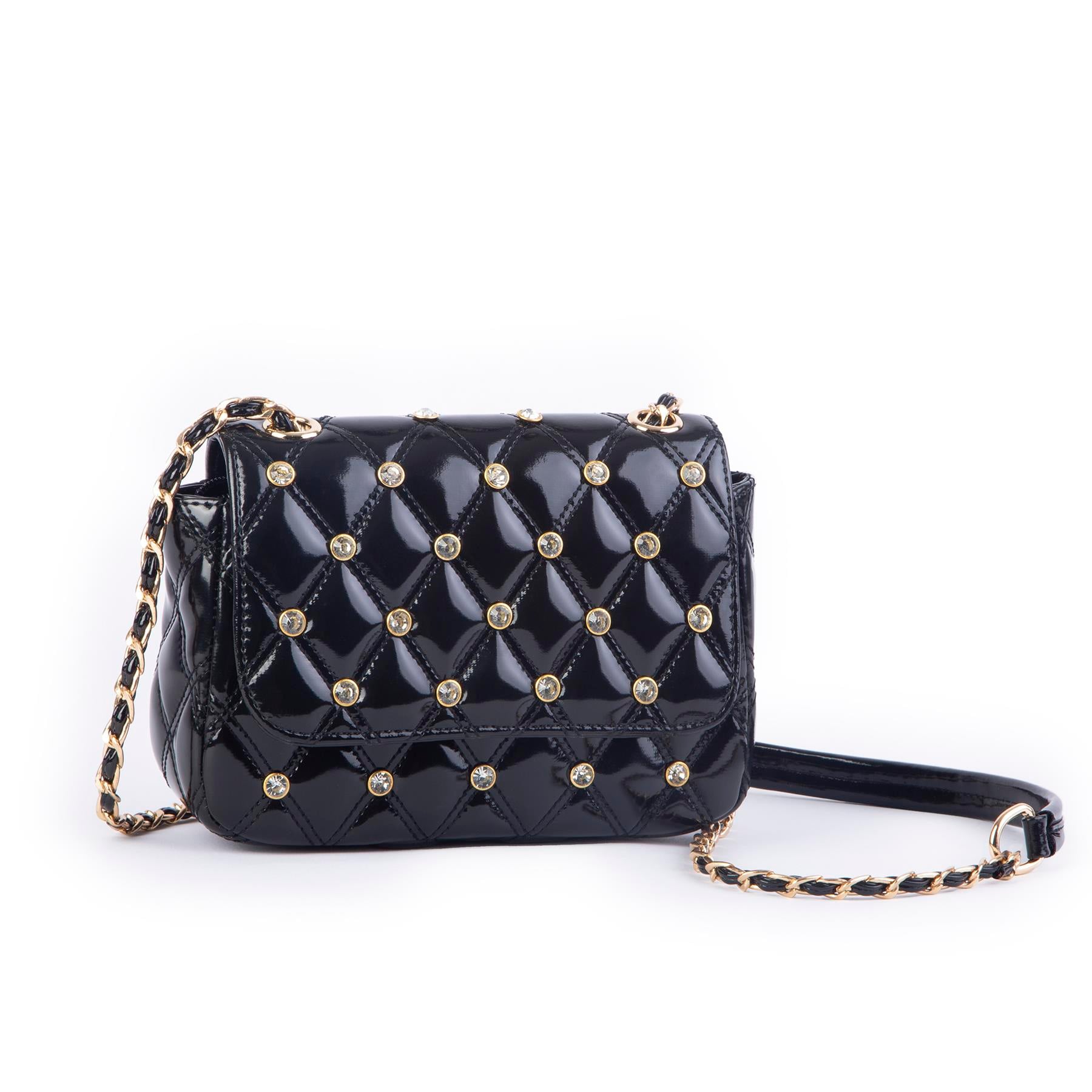 Nas Bag Kadın Taşlı Zincirli Şık Kapitone Çapraz Çanta Siyah Rugan  ( 21x12 cm )