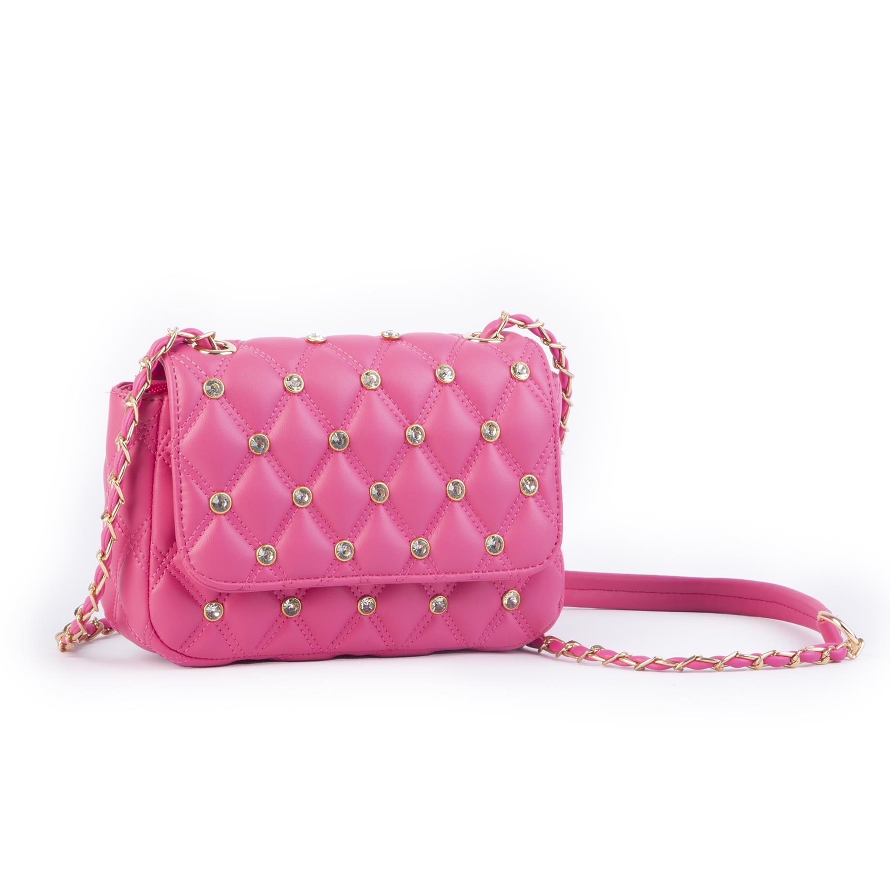 Nas Bag Kadın Taşlı Zincirli Şık Kapitone Çapraz Çanta Fuşya ( 21x12 cm )