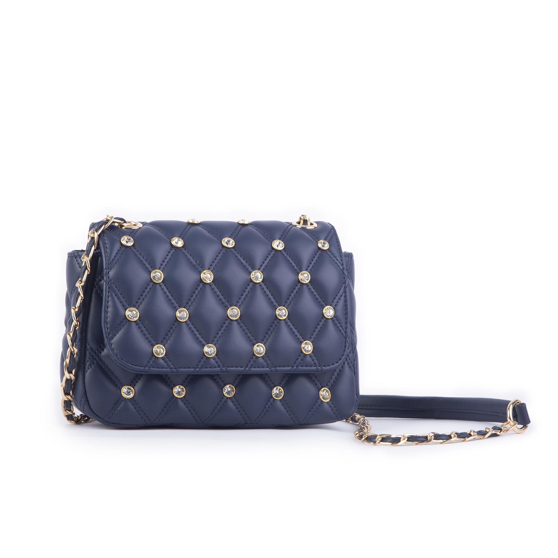 Nas Bag Kadın Taşlı Zincirli Şık Kapitone Çapraz Çanta Lacivert  ( 21x12 cm )