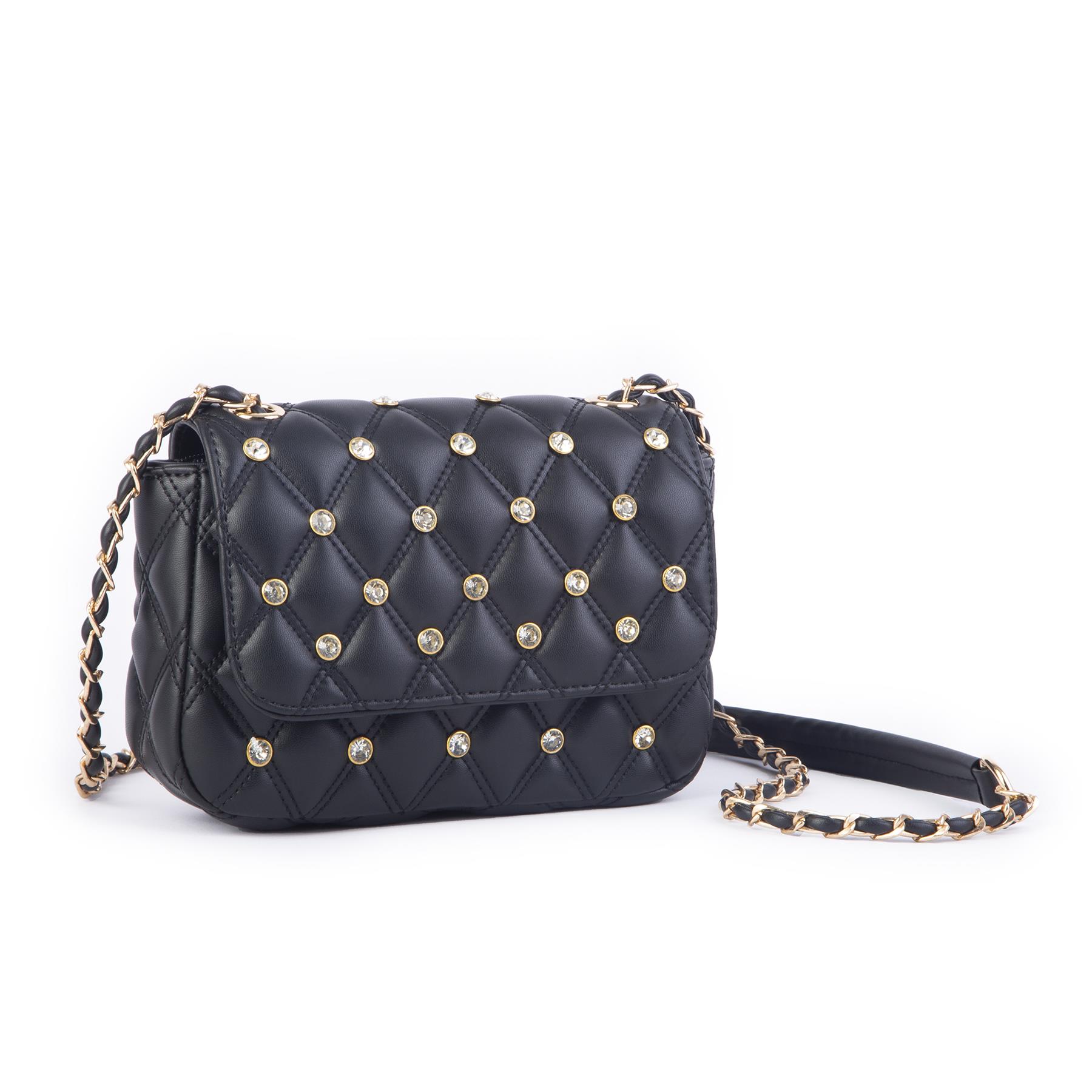 Nas Bag Kadın Taşlı Zincirli Şık Kapitone Çapraz Çanta Siyah   ( 21x12 cm )