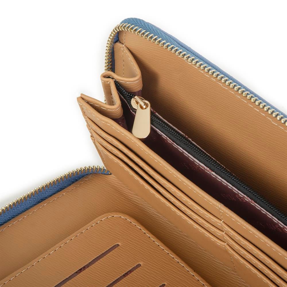 Nas Bag Kadın Tek Fermuarlı Büyük Boy Cüzdan Mavi Camel Gofraj