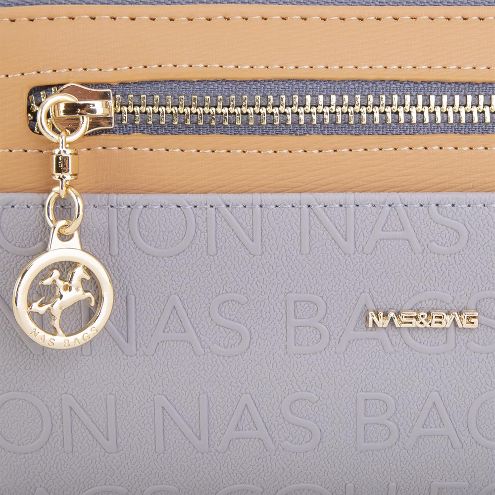 Nas Bag Kadın Yatay Cüzdan Geniş Kullanımlı çift Fermuaarlı Gri Camel Gofraj
