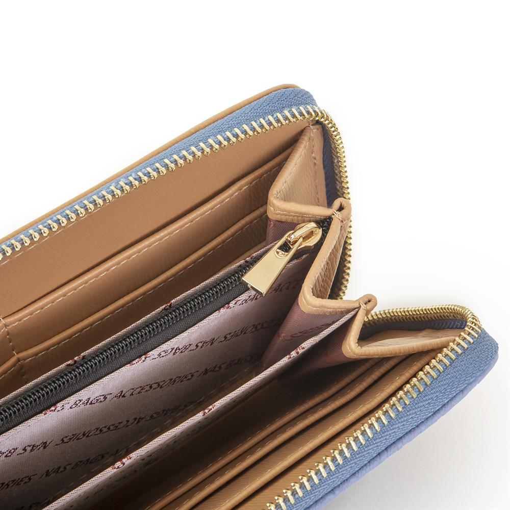 Nas Bag Kadın Yatay Cüzdan Geniş Kullanımlı çift Fermuaarlı Mavi Camel Gofraj
