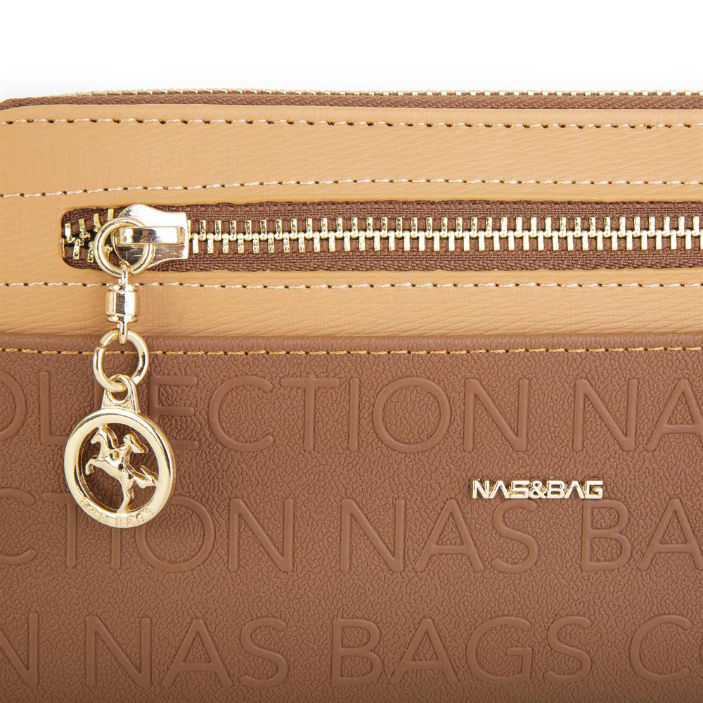 Nas Bag Kadın Yatay Cüzdan Geniş Kullanımlı çift Fermuaarlı Taba Camel Gofraj