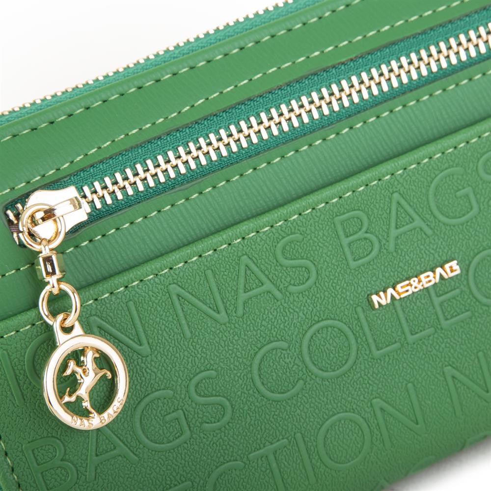 Nas Bag Kadın Yatay Cüzdan Geniş Kullanımlı çift Fermuaarlı Çim Yeşili Gofraj