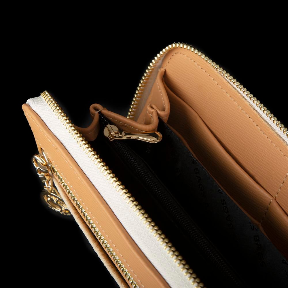 Nas Bag Kadın Yatay Cüzdan Geniş Kullanımlı çift Fermuaarlı Krem Camel Gofraj
