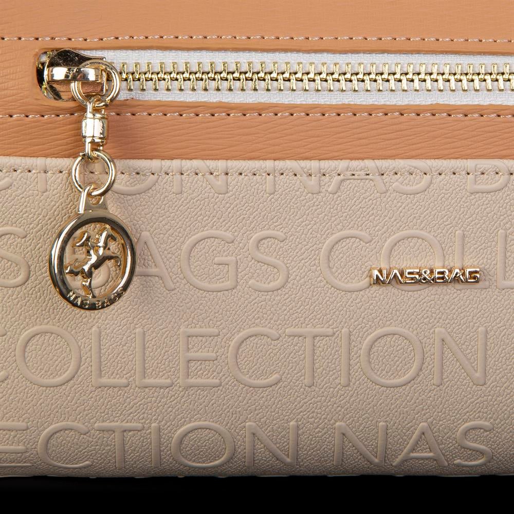 Nas Bag Kadın Yatay Cüzdan Geniş Kullanımlı çift Fermuaarlı Krem Camel Gofraj