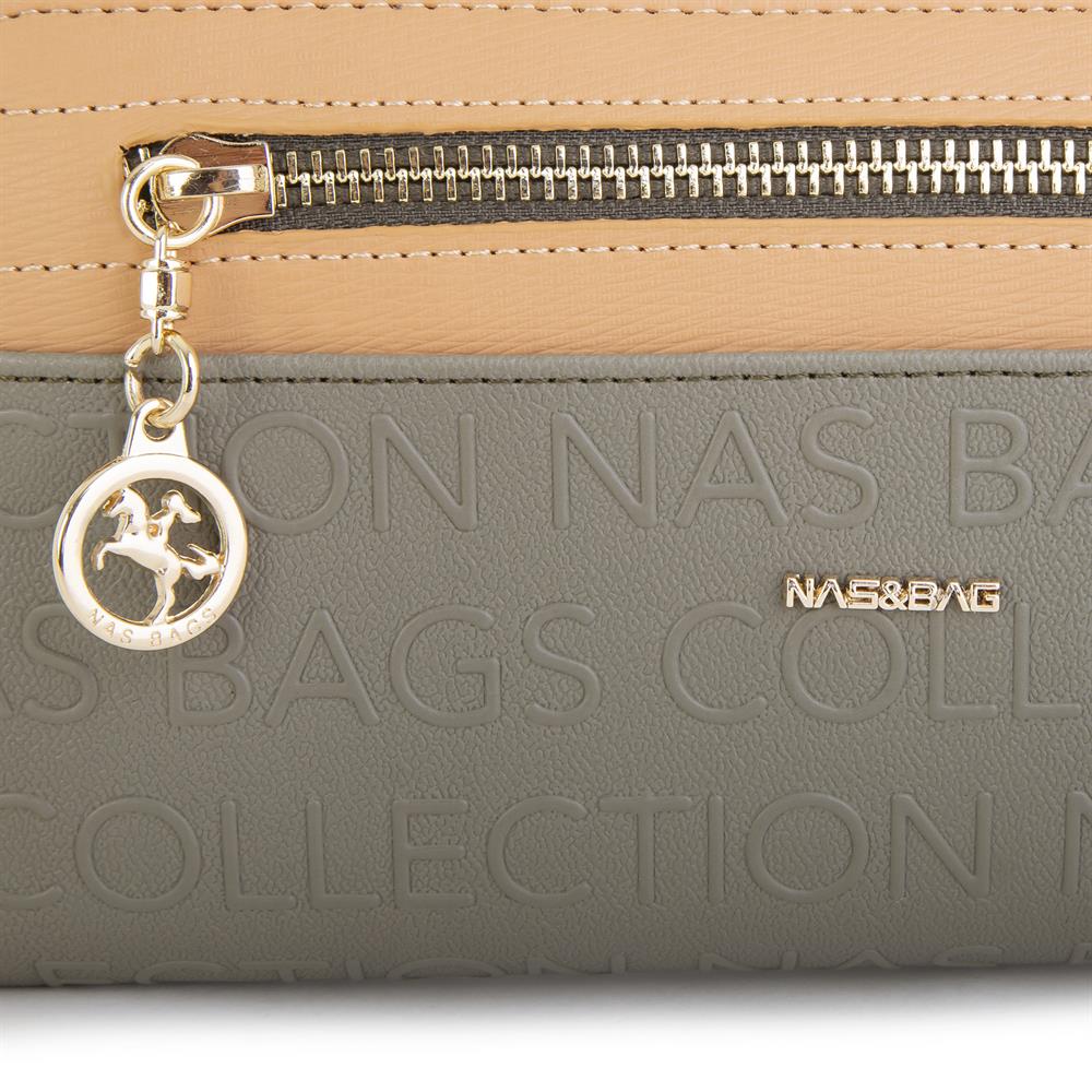 Nas Bag Kadın Yatay Cüzdan Geniş Kullanımlı çift Fermuaarlı Yeşil Camel Gofraj
