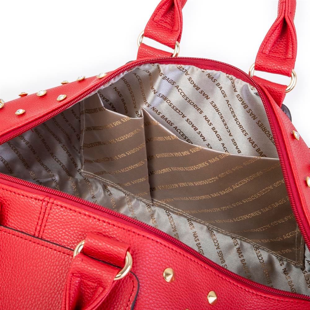 Nas Bag Büyük Kadın Zımbalı Geniş Valiz ve El Çantası Kırmızı Natural