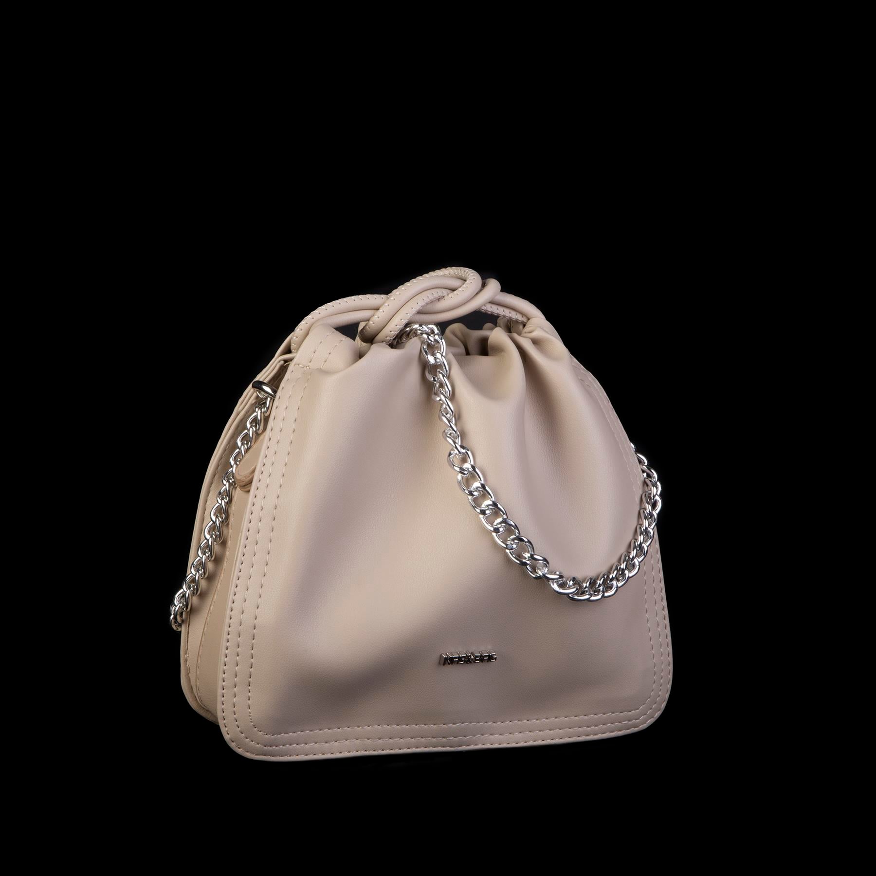 Nas Bag Kadın Zincirli Büzmeli Çıtçıtlı Omuz ve Çapraz Çanta Kum Dona 