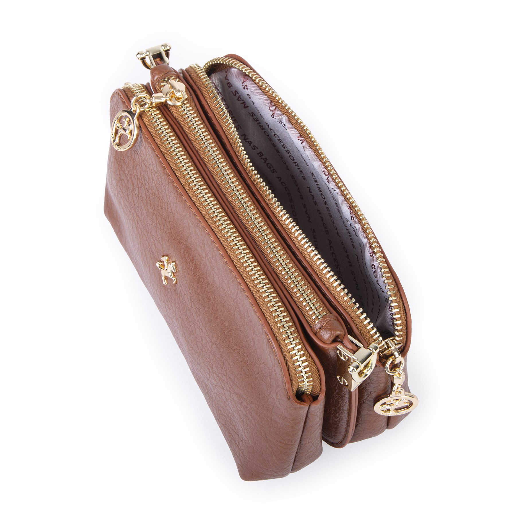 Nas Bag Mini Boy Kadın 3 Gözlü Çapraz Çanta (en 18 cm ;boy 11 cm ) Taba Victoria