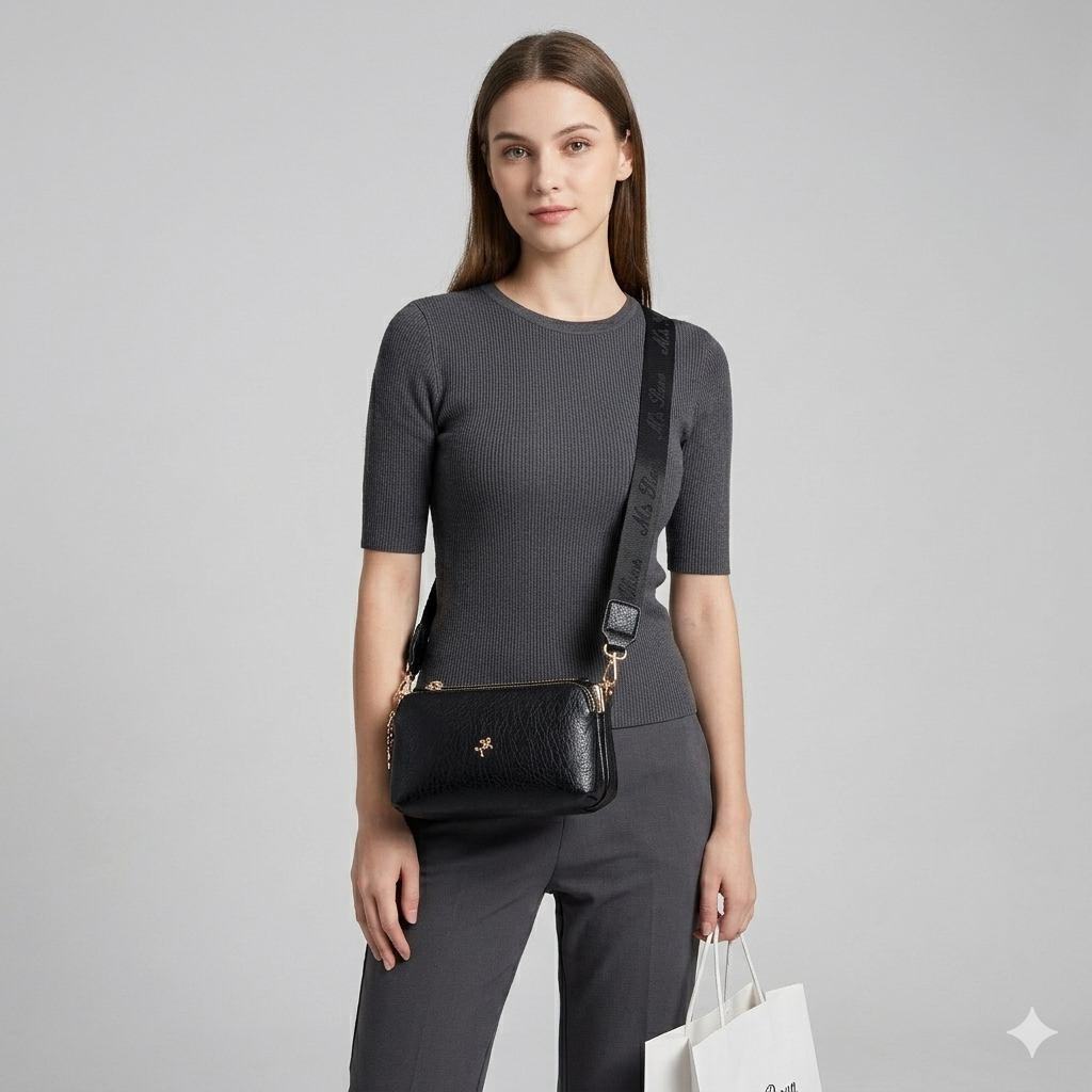 Nas Bag Mini Boy Kadın 3 Gözlü Çapraz Çanta (en 18 cm ;boy 11 cm ) Siyah Victoria