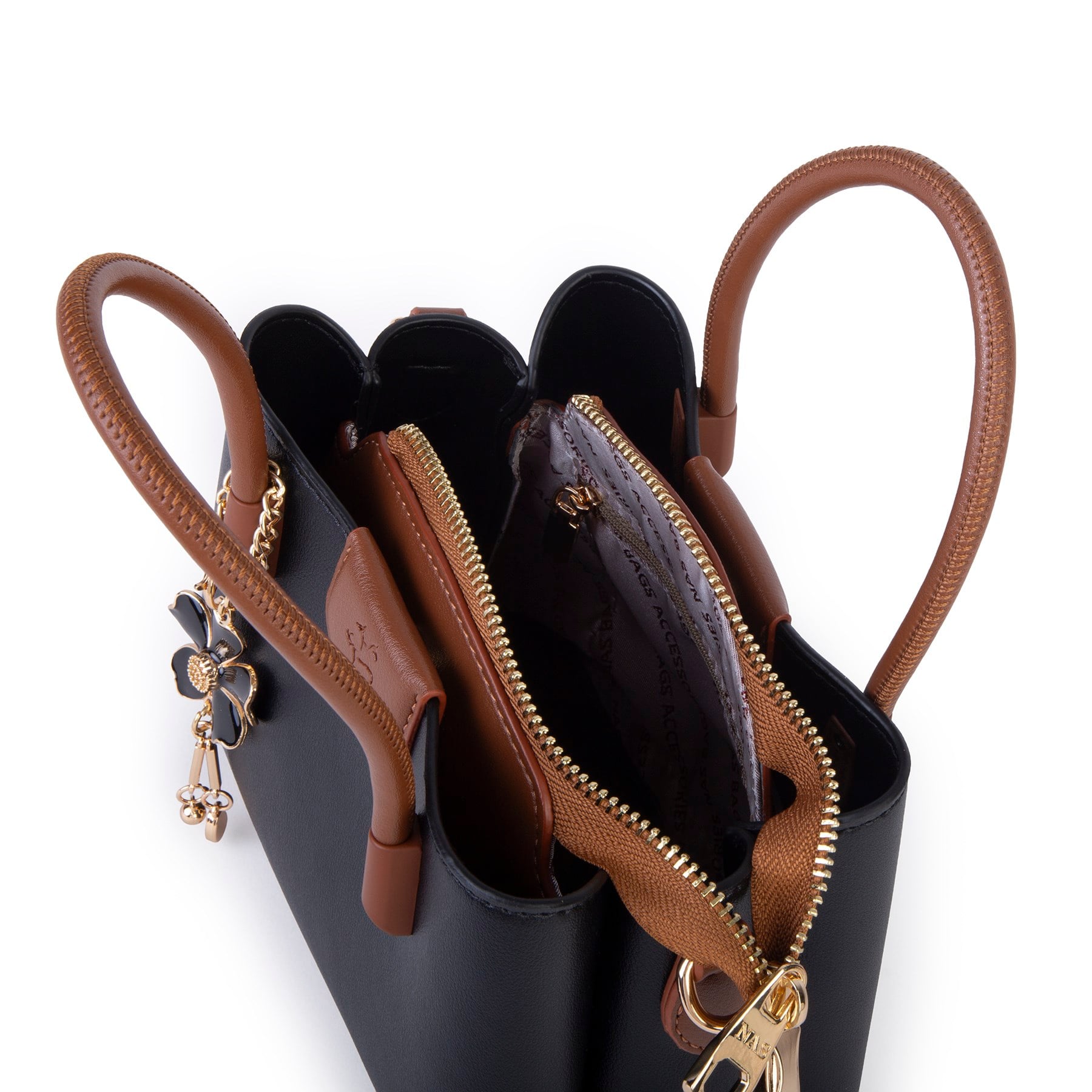 Nas Bag Mini Çiçek Charmlı Kadın  Şık El ve Çapraz Çanta (en 25 cm ;boy 22 cm ) Siyah Taba
