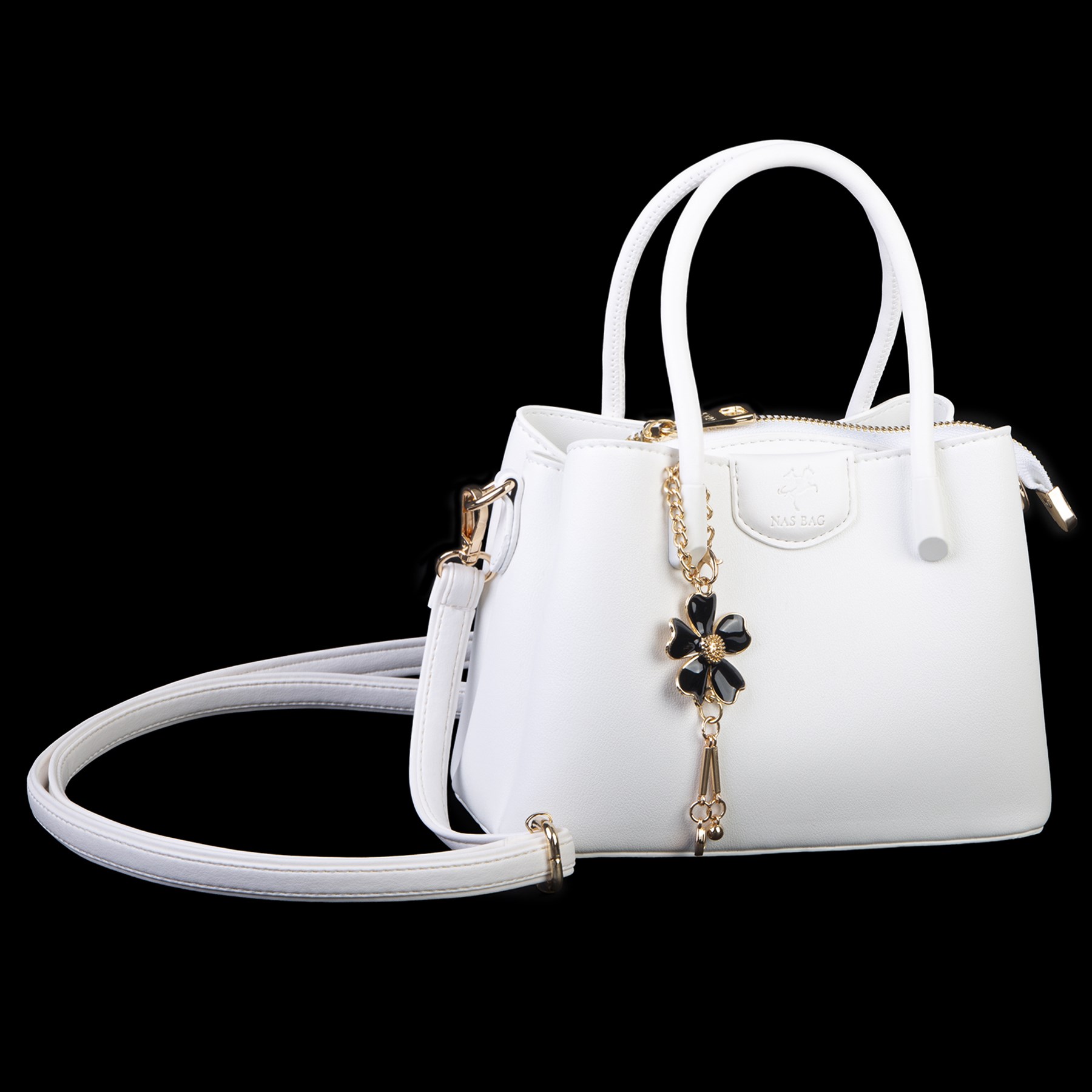 Nas Bag Mini Çiçek Charmlı Kadın  Şık El ve Çapraz Çanta (en 25 cm ;boy 22 cm ) Beyaz