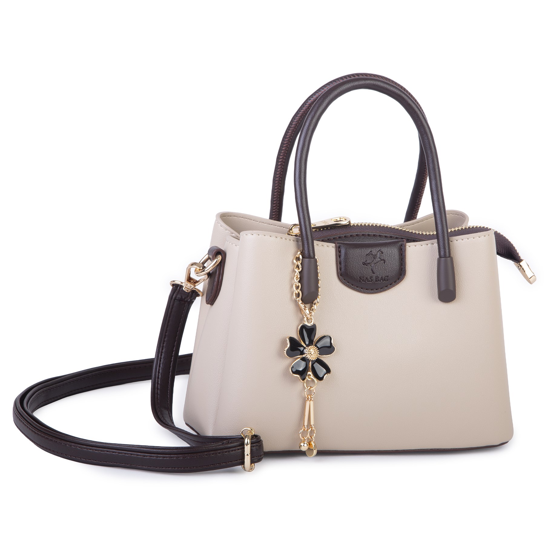 Nas Bag Mini Çiçek Charmlı Kadın  Şık El ve Çapraz Çanta (en 25 cm ;boy 22 cm ) Kum Kahve