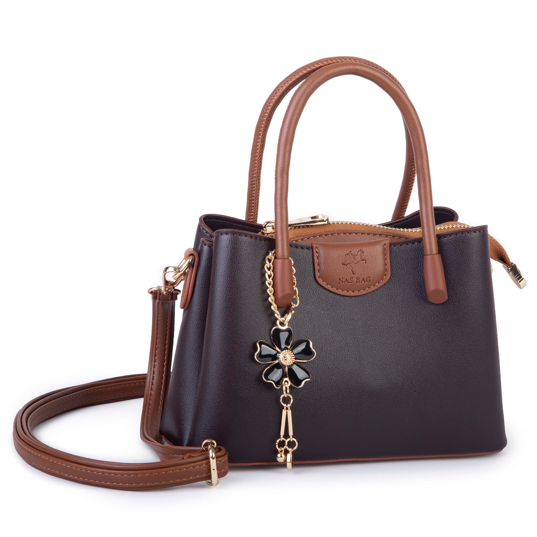Nas Bag Mini Çiçek Charmlı Kadın  Şık El ve Çapraz Çanta (en 25 cm ;boy 22 cm ) Kahverengi Taba