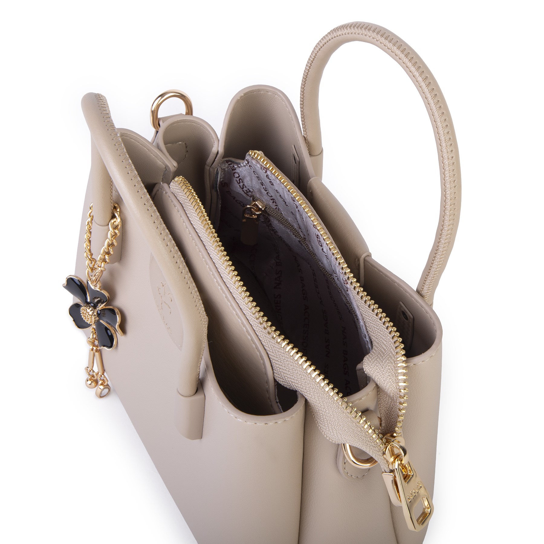 Nas Bag Mini Çiçek Charmlı Kadın  Şık El ve Çapraz Çanta (en 25 cm ;boy 22 cm ) Kum