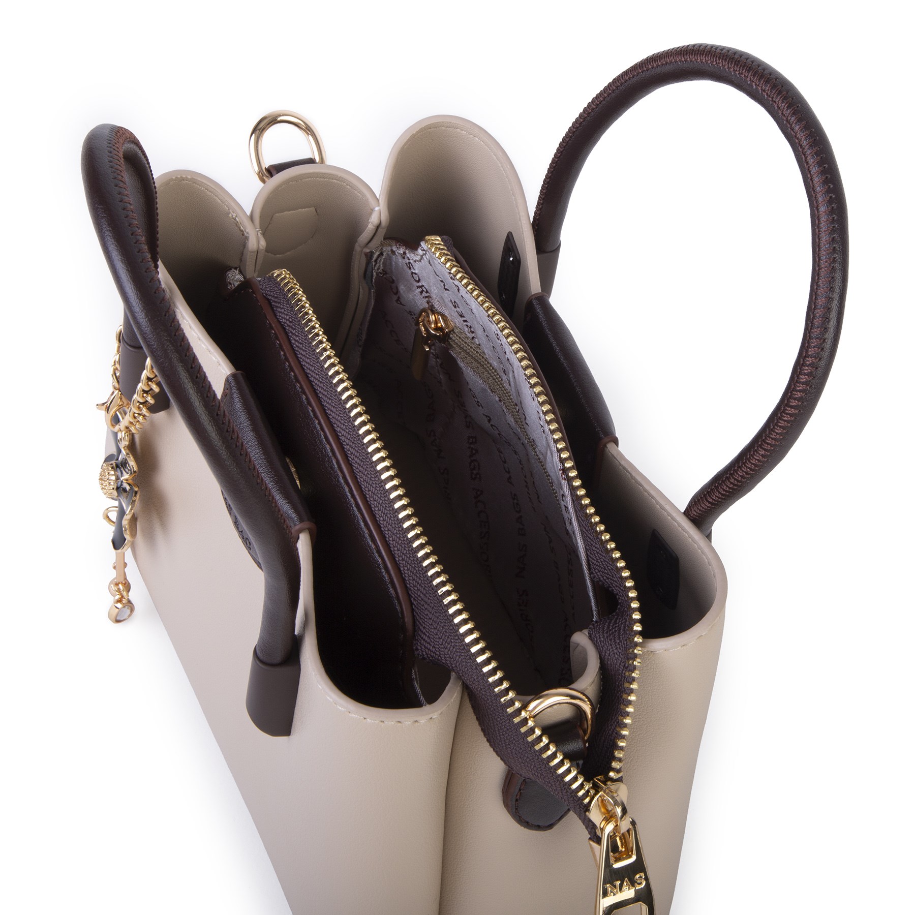 Nas Bag Mini Çiçek Charmlı Kadın  Şık El ve Çapraz Çanta (en 25 cm ;boy 22 cm ) Kum Kahve