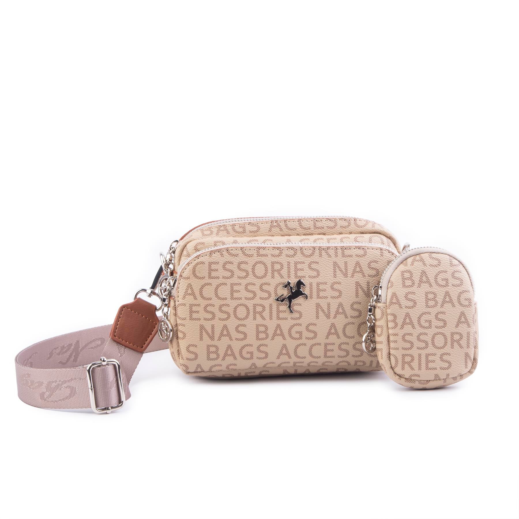 Nas Bag Mini Kadın Çapraz Mini Cüzdanlı At Amblemli Vizon  Taba Yazılı  (eni :20 cm ; boy 14 cm)