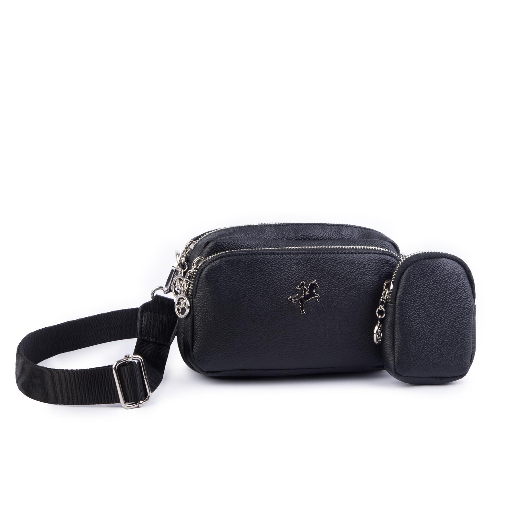 Nas Bag Mini Kadın Çapraz Mini Cüzdanlı At Amblemli Siyah Mercan(eni :20 cm ; boy 14 cm)