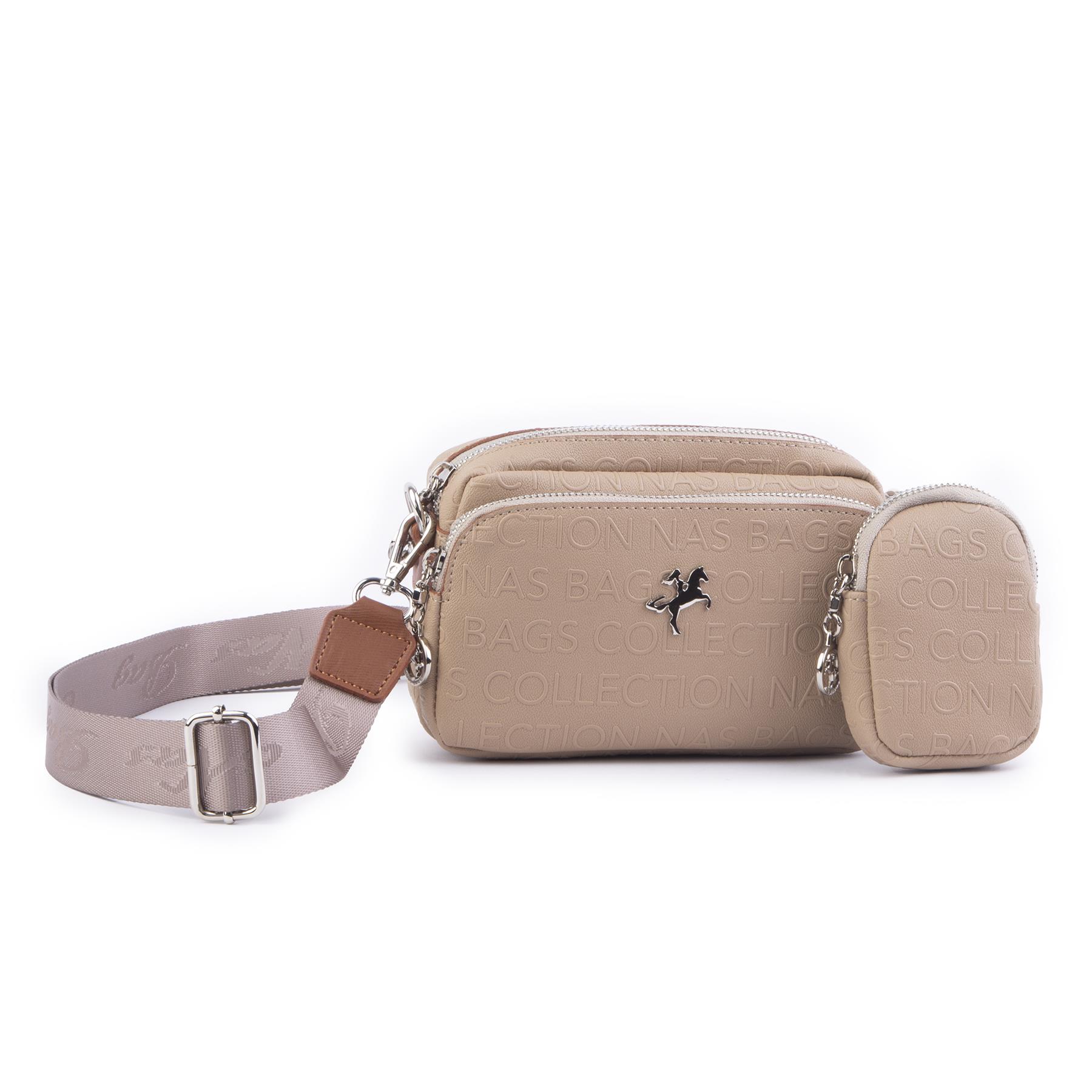 Nas Bag Mini Kadın Çapraz Mini Cüzdanlı At Amblemli Vizon  Taba Gofraj  (eni :20 cm ; boy 14 cm)