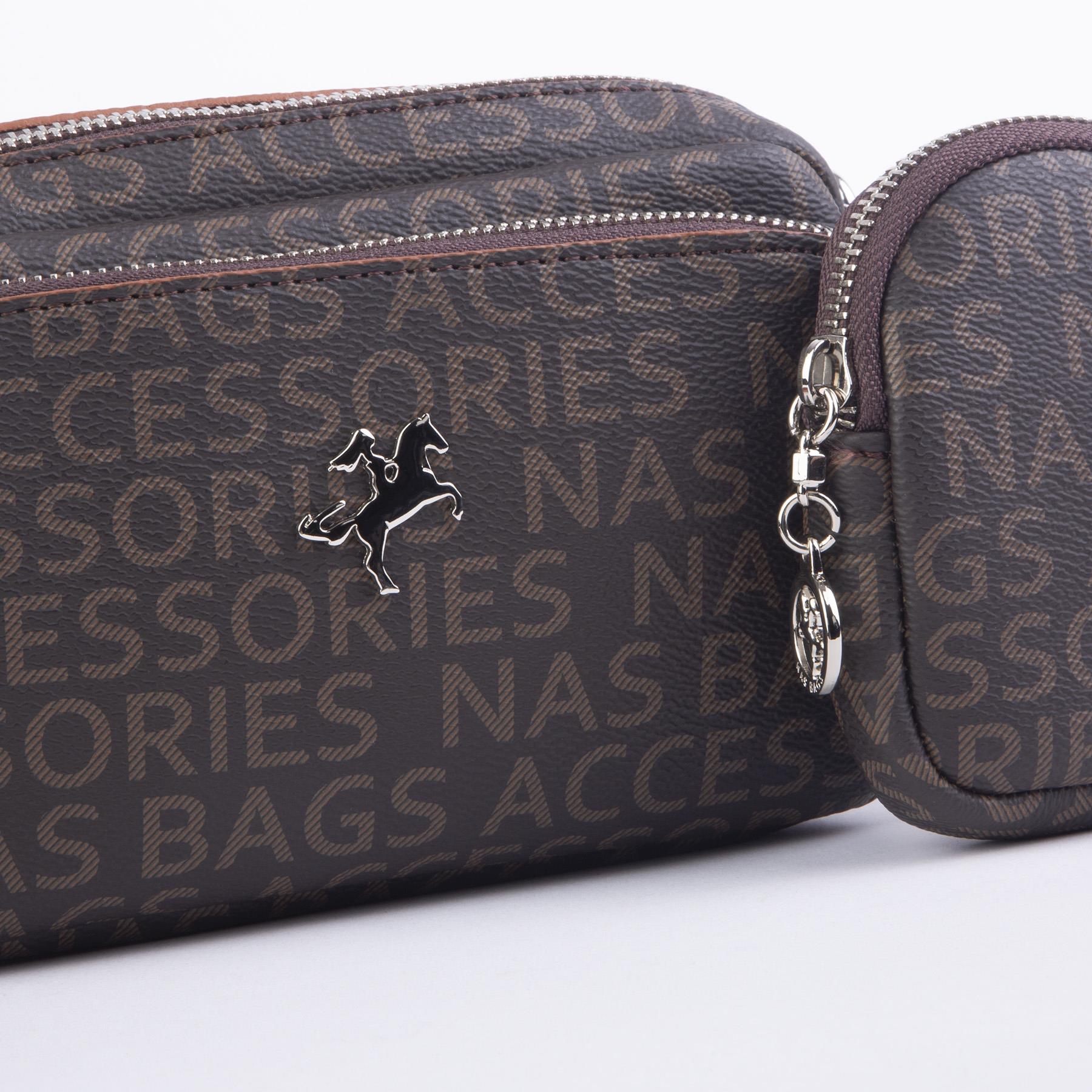Nas Bag Mini Kadın Çapraz Mini Cüzdanlı At Amblemli Kahve Taba Yazılı  (eni :20 cm ; boy 14 cm)