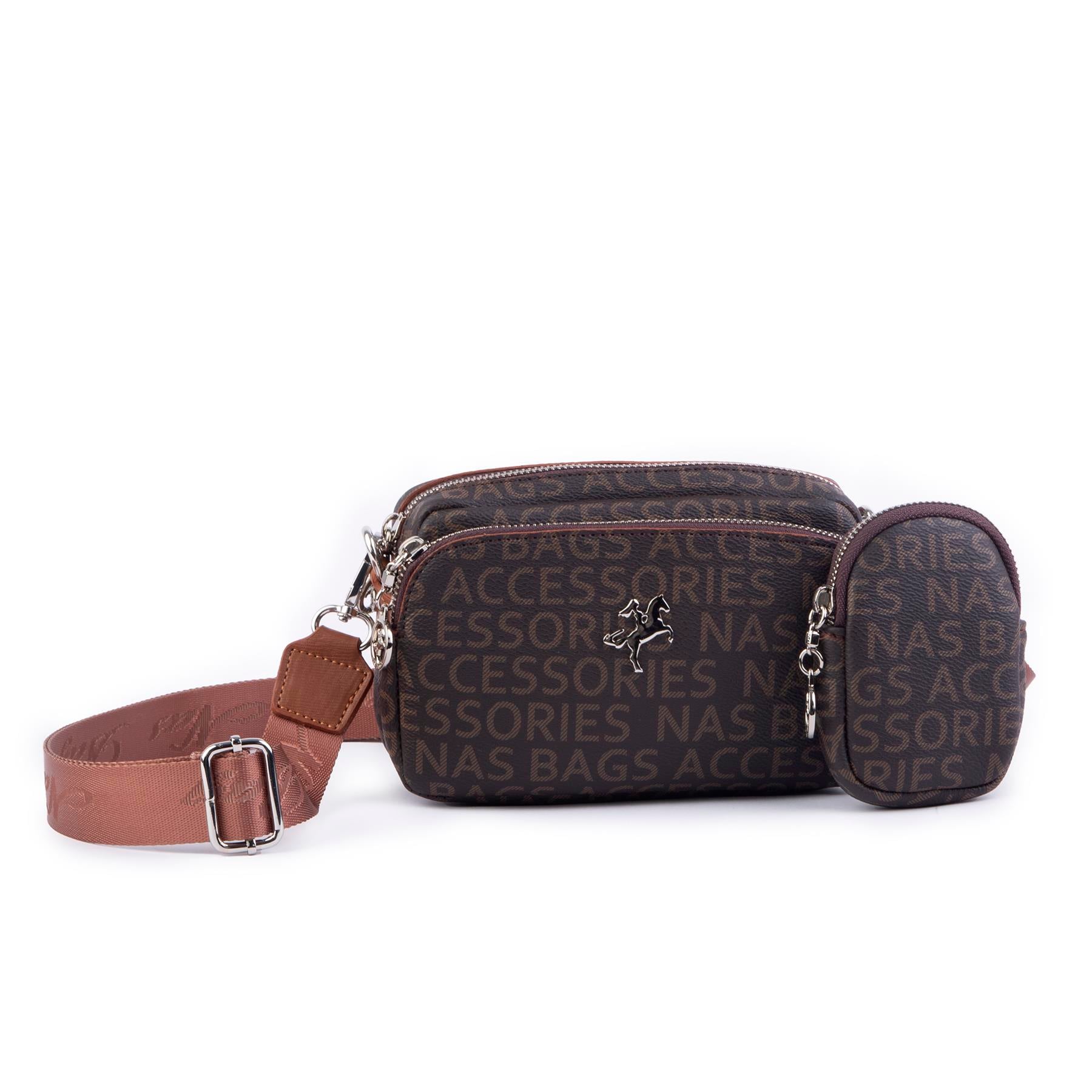 Nas Bag Mini Kadın Çapraz Mini Cüzdanlı At Amblemli Kahve Taba Yazılı  (eni :20 cm ; boy 14 cm)