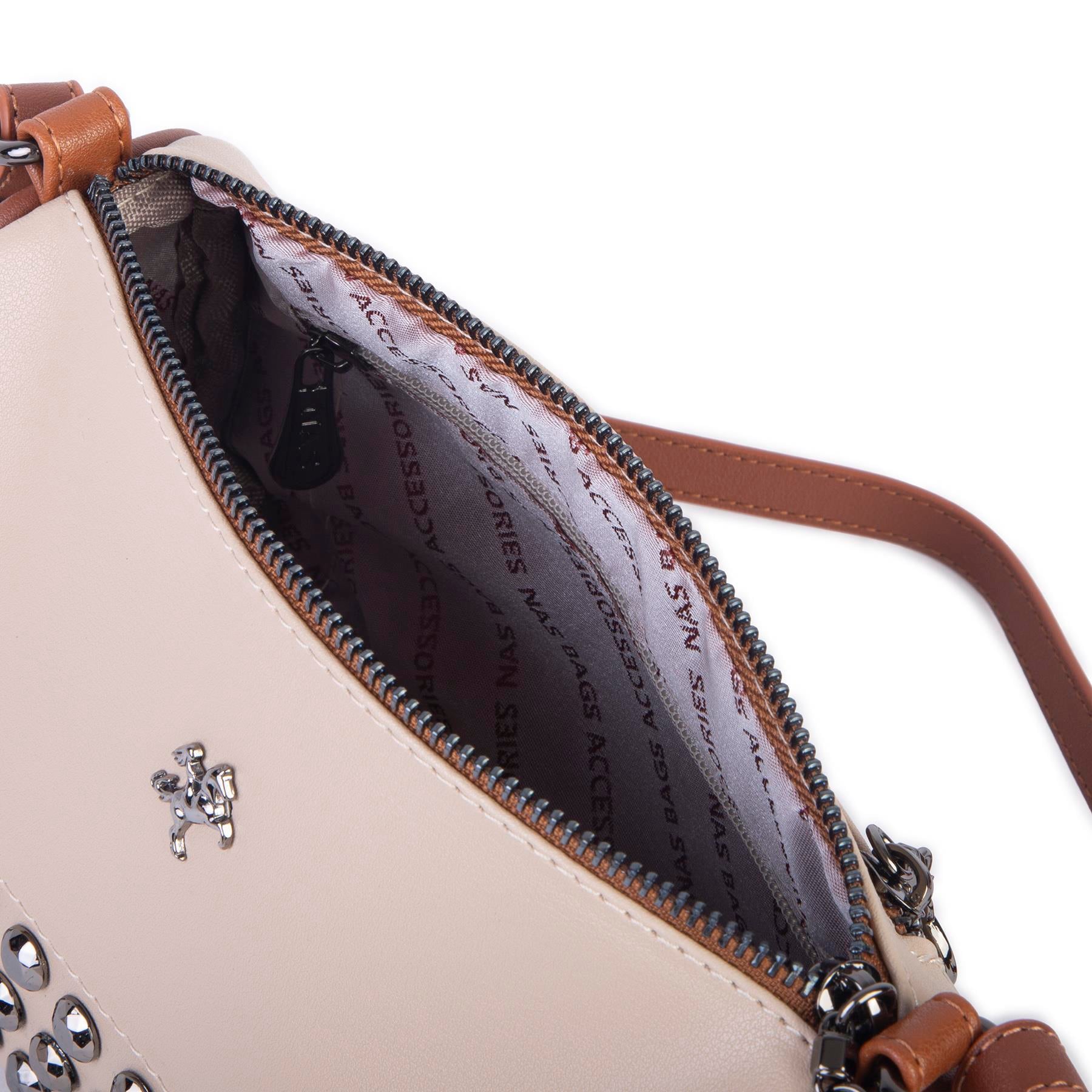Nas Bag Mini Kadın Taşlı Zımbalı Omuz ve Çapraz Baget Çanta Kum Taba Dona
