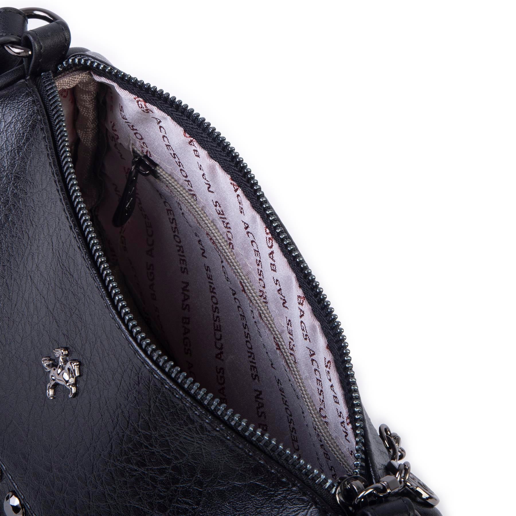 Nas Bag Mini Kadın Taşlı Zımbalı Omuz ve Çapraz Baget Çanta Siyah Victoria