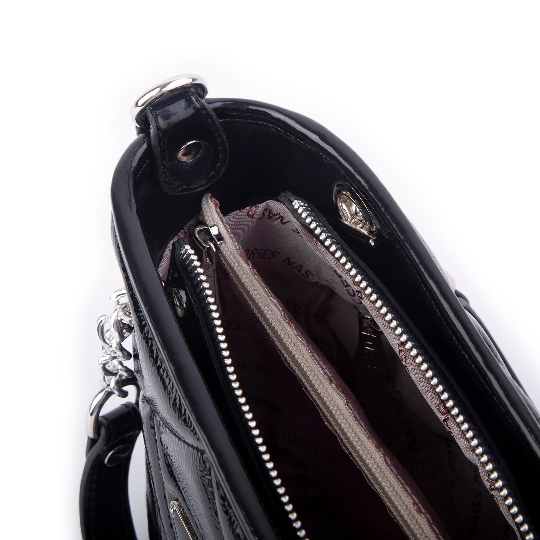 Nas Bag Mini Kadın Zincirli Kapitone El ve Çapraz Çanta 1305 Siyah Krsk Rugan (19x19) 