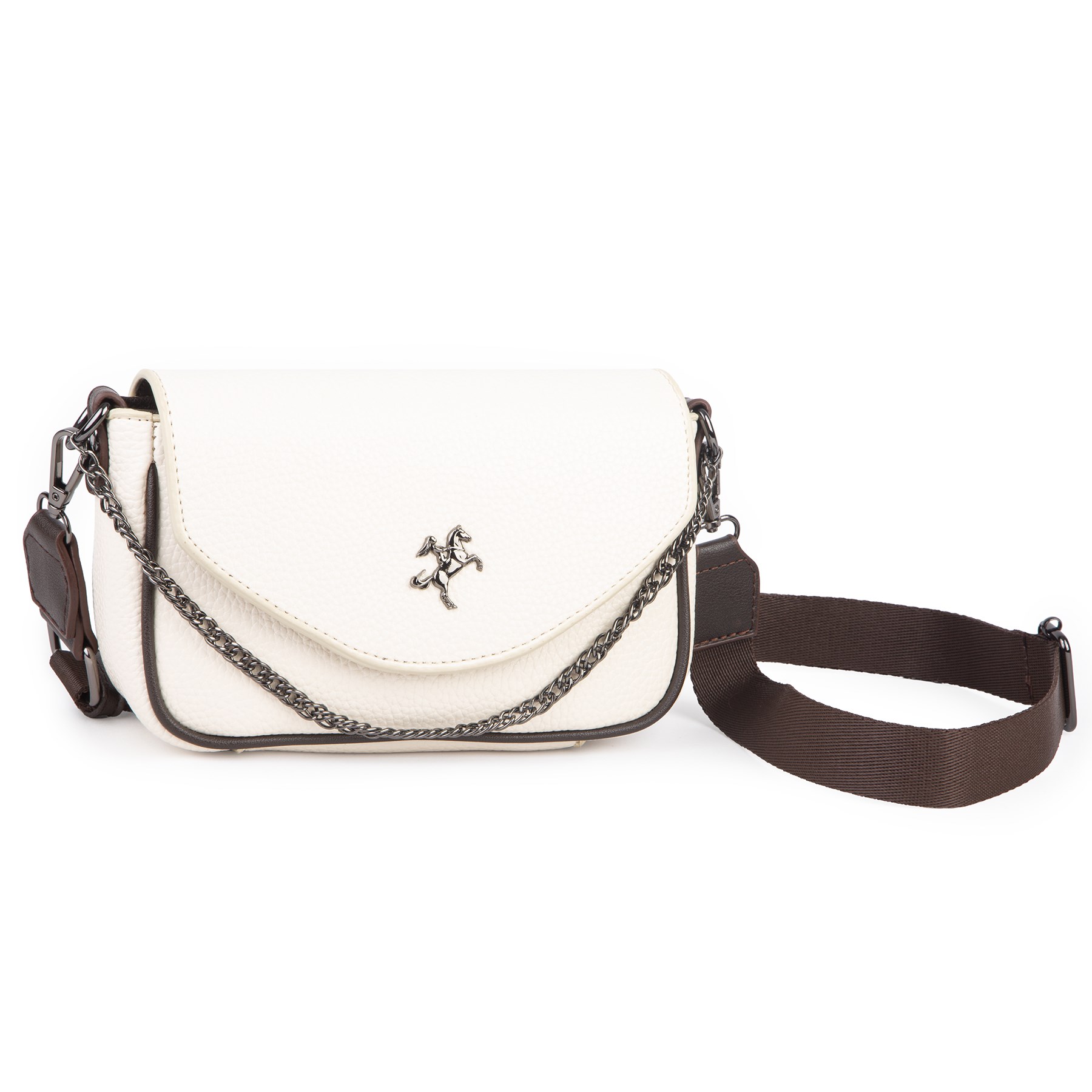 Nas Bag Mini Kapaklı Çapraz Çanta (en 20 cm , boy 12 cm) Krem Kahve Lopez
