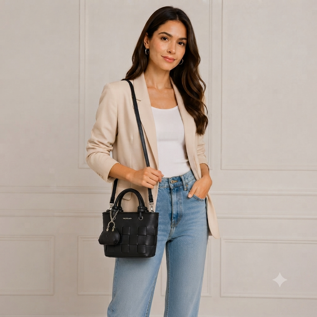 Nas Bag Mini Premium Şık Kadın 2 li Set ve Charmlı ve Cüzdanlı  El ve Çapraz Çanta Siyah