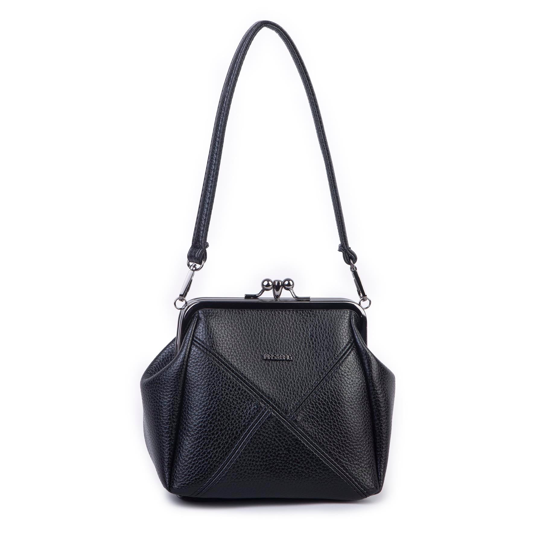 Nas Bag Mini Vintage Burslu Klipsli Kadın Omuz ve Çapraz Çanta Siyah Lopez  ( 20x17 cm)