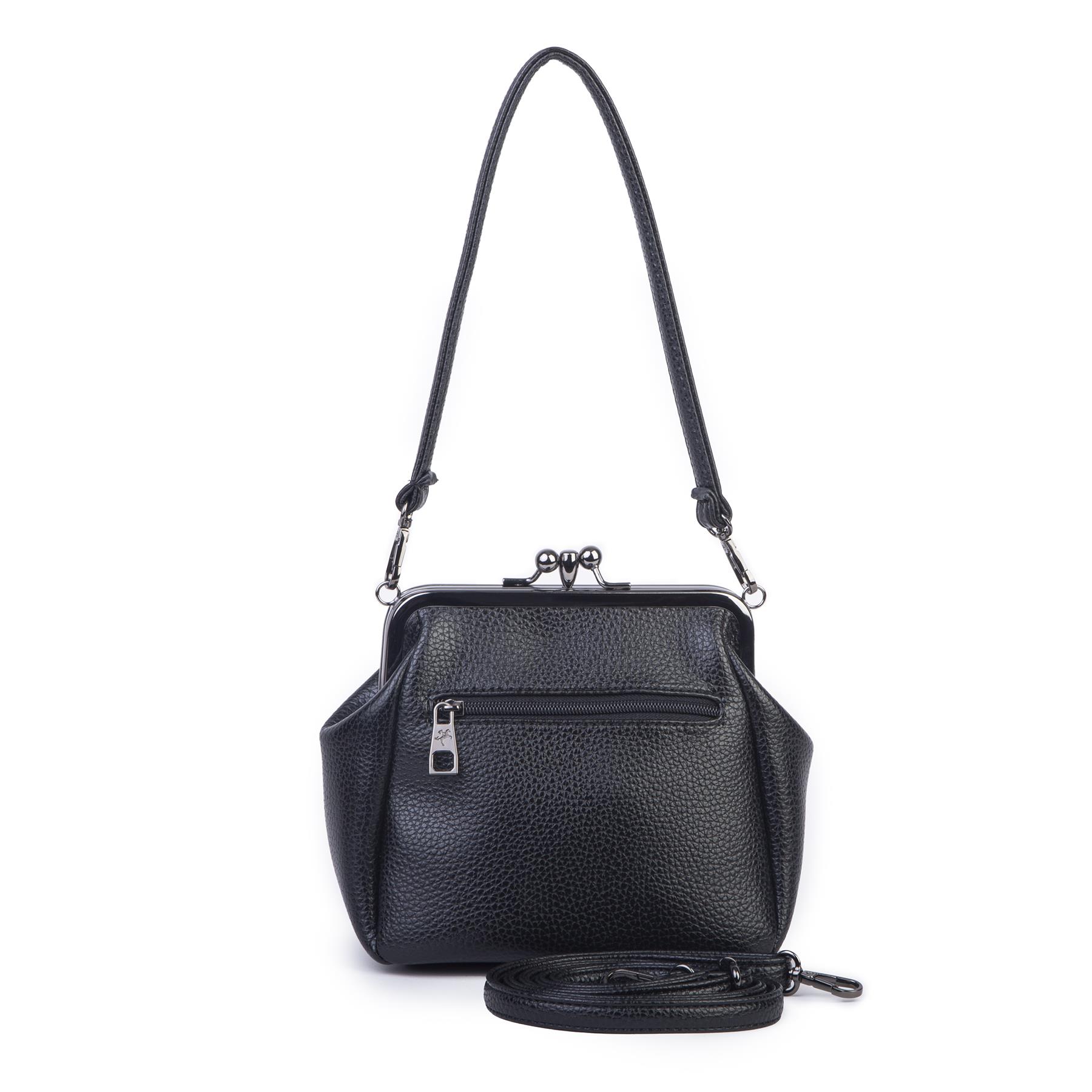 Nas Bag Mini Vintage Burslu Klipsli Kadın Omuz ve Çapraz Çanta Siyah Lopez  ( 20x17 cm)