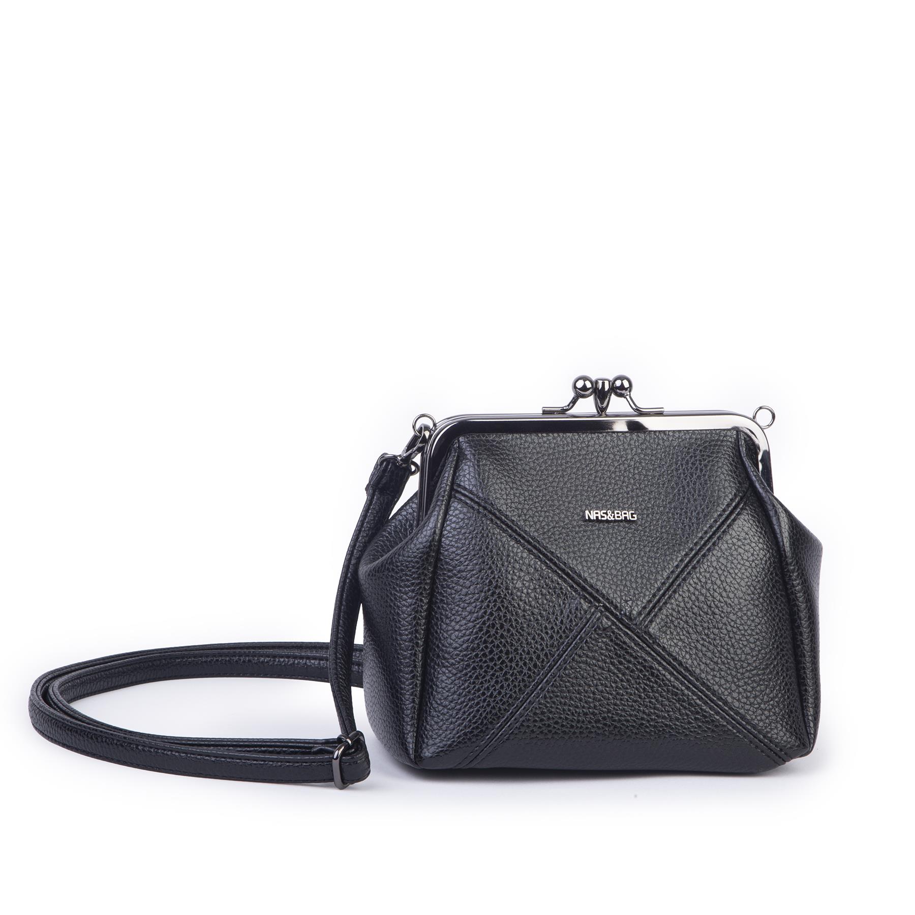 Nas Bag Mini Vintage Burslu Klipsli Kadın Omuz ve Çapraz Çanta Siyah Lopez  ( 20x17 cm)
