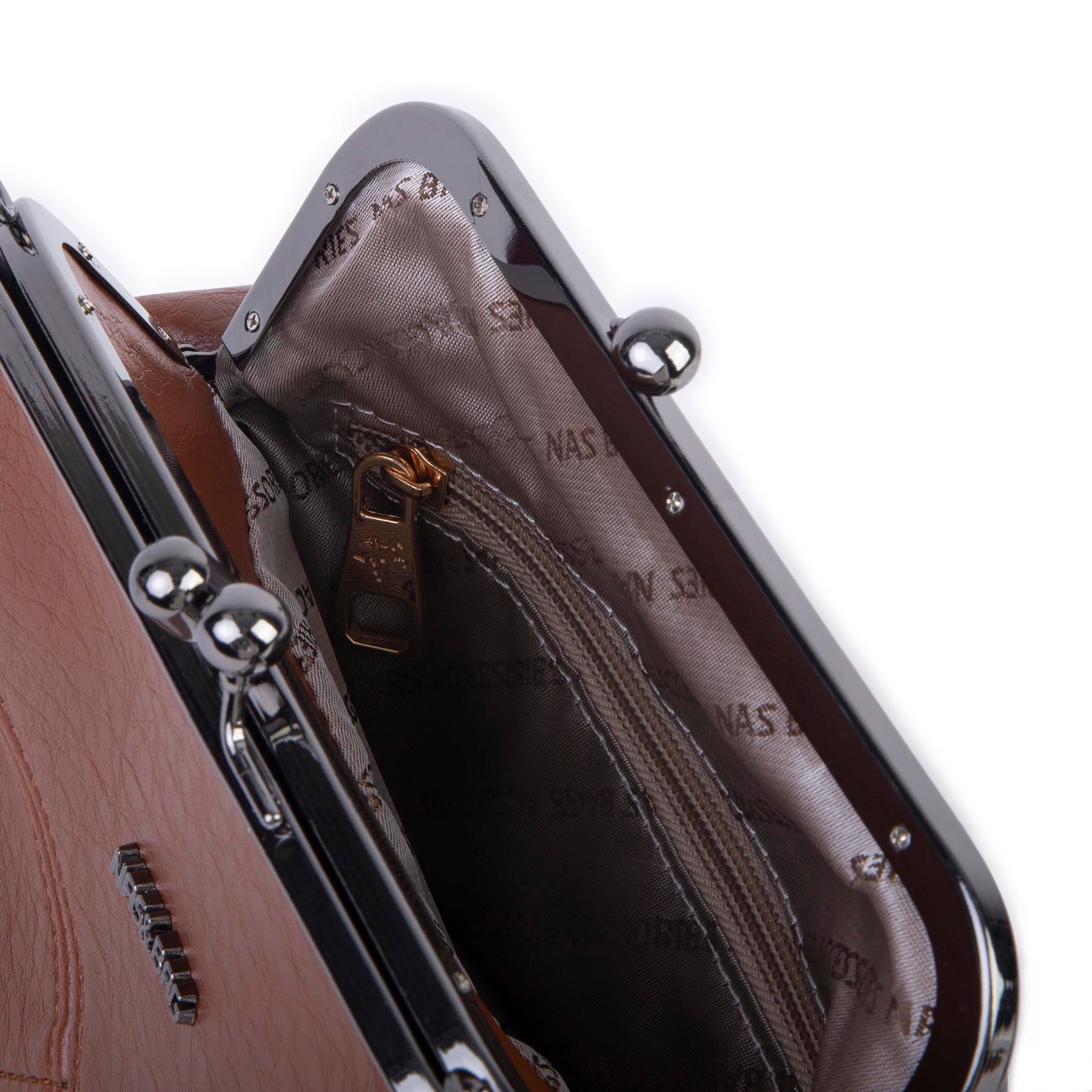 Nas Bag Mini Vintage Burslu Klipsli Kadın Omuz ve Çapraz Çanta Taba Victoria ( 20x17 cm)