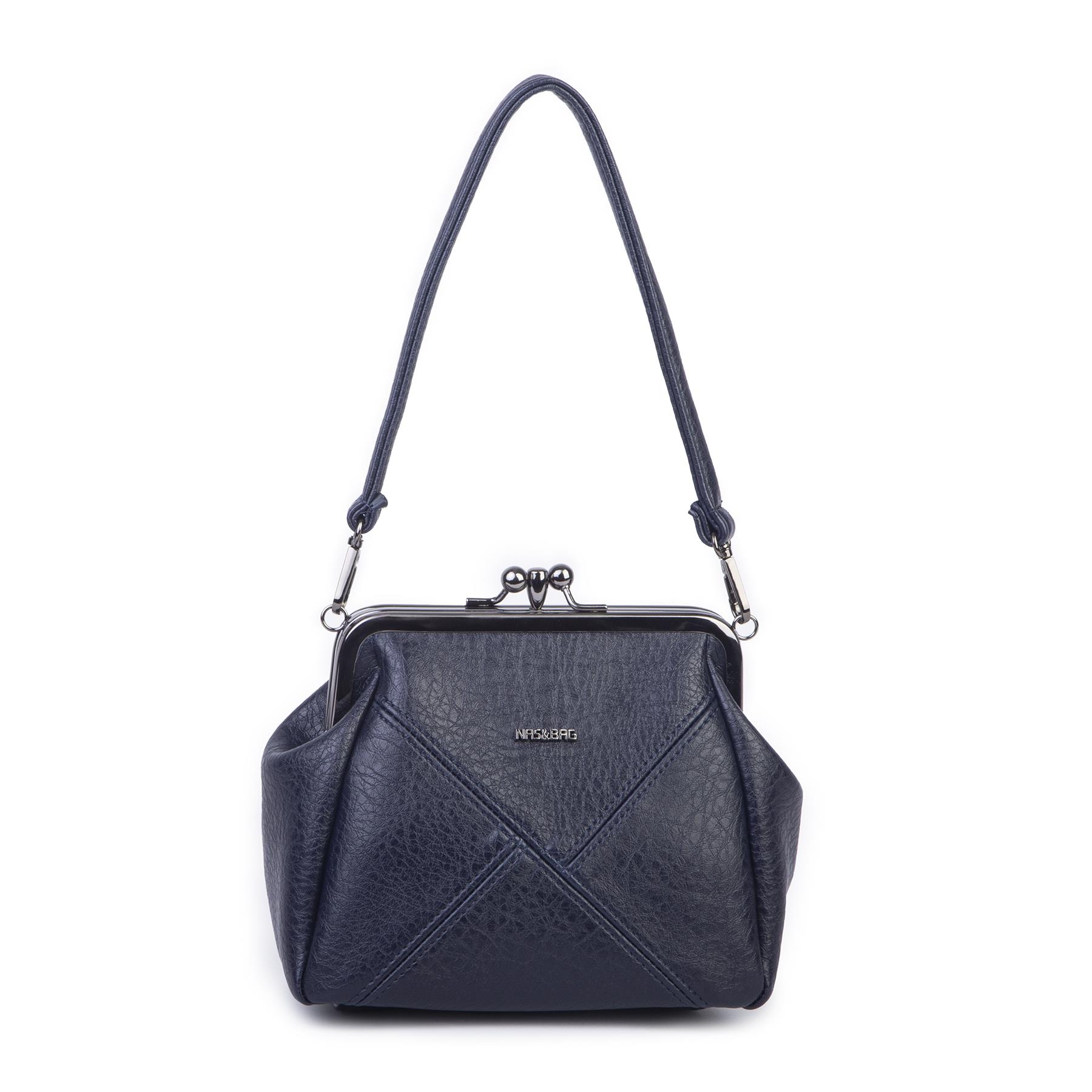 Nas Bag Mini Vintage Burslu Klipsli Kadın Omuz ve Çapraz Çanta Lacivert Victoria  ( 20x17 cm)