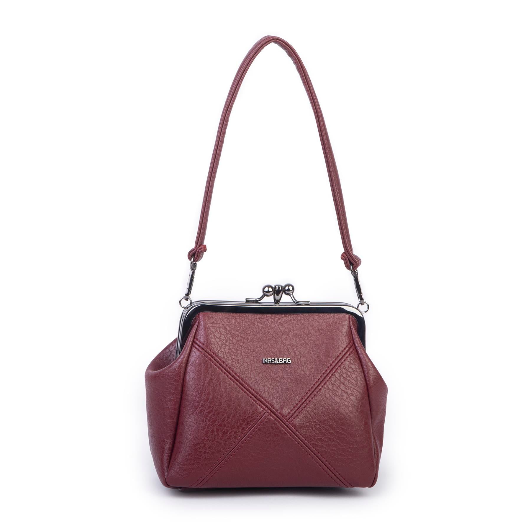 Nas Bag Mini Vintage Burslu Klipsli Kadın Omuz ve Çapraz Çanta Bordo Victoria  ( 20x17 cm)